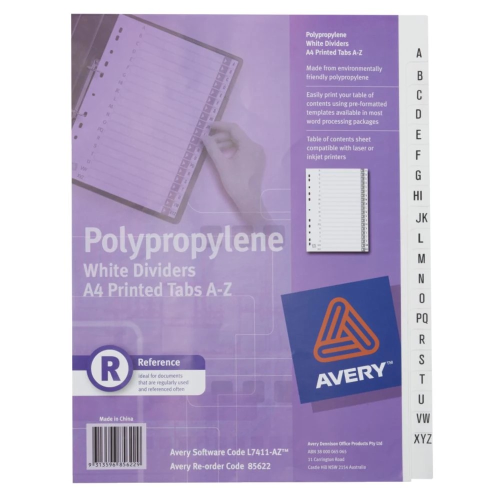 2 Avery Polypropylene A4 Printed Tabs Dividers A - Z White, 2 of 2