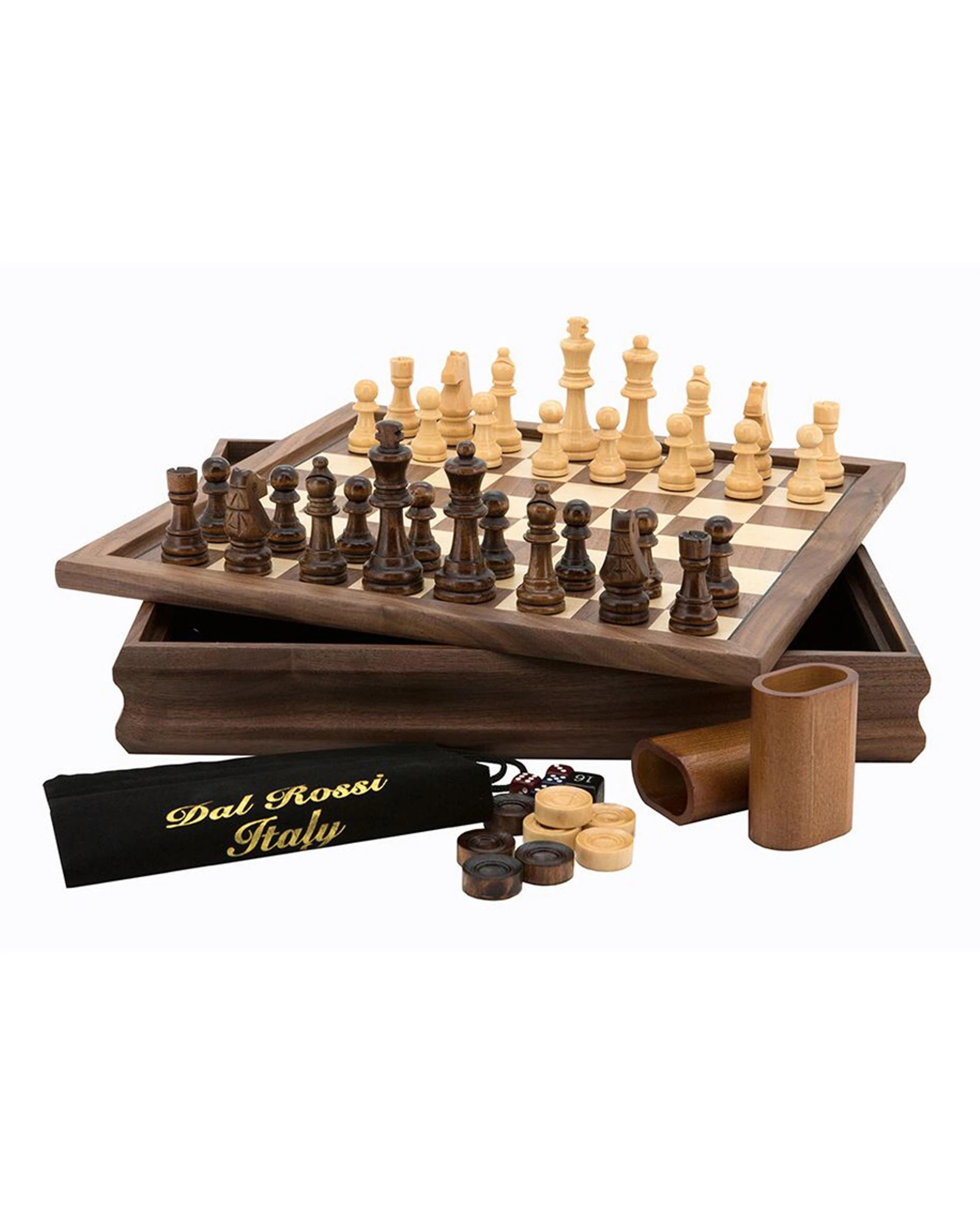 1 Dal Rossi 14 inch Walnut 3-in-1 Chess/Backgammon/Checkers Set, 1 of 4