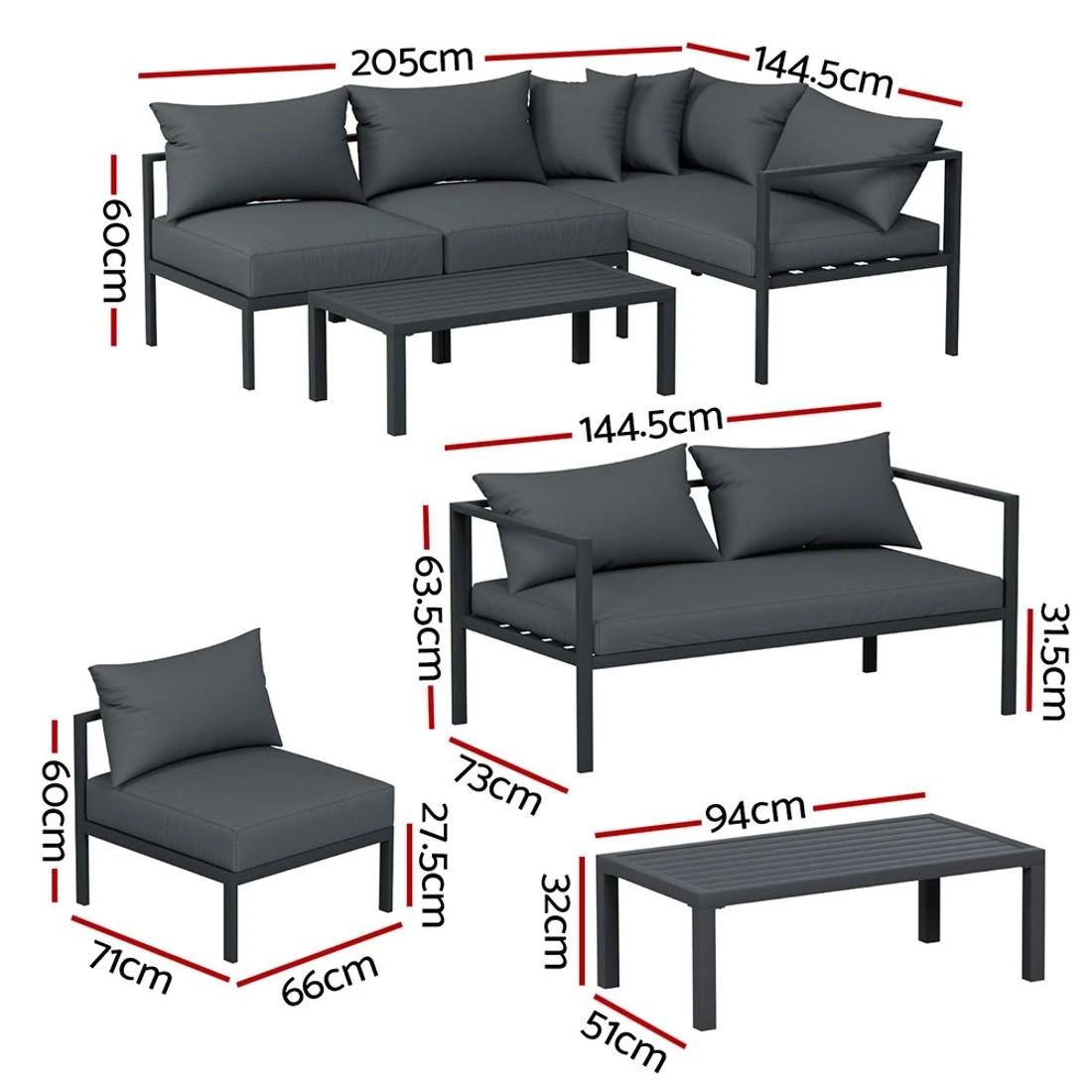 2 Gardeon 4 Seater Outdoor Sofa Set Aluminium Patio Furniture Setting 4PC - Charcoal, 2 of 6