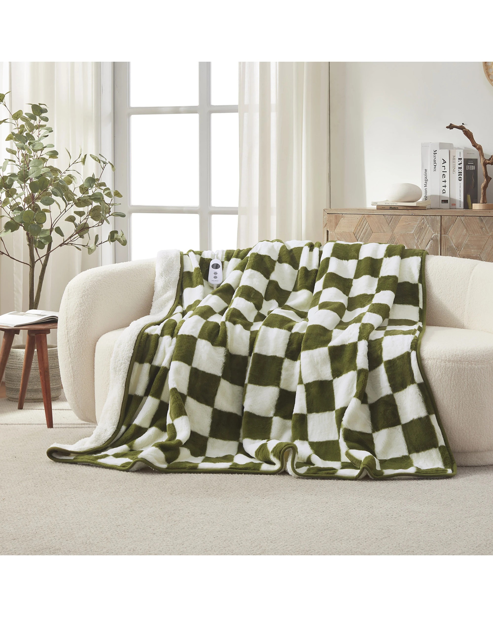 1 Dreamaker Axia Checkered Plush Heated Throw 180x200cm - Olive and Cream, 1 of 10