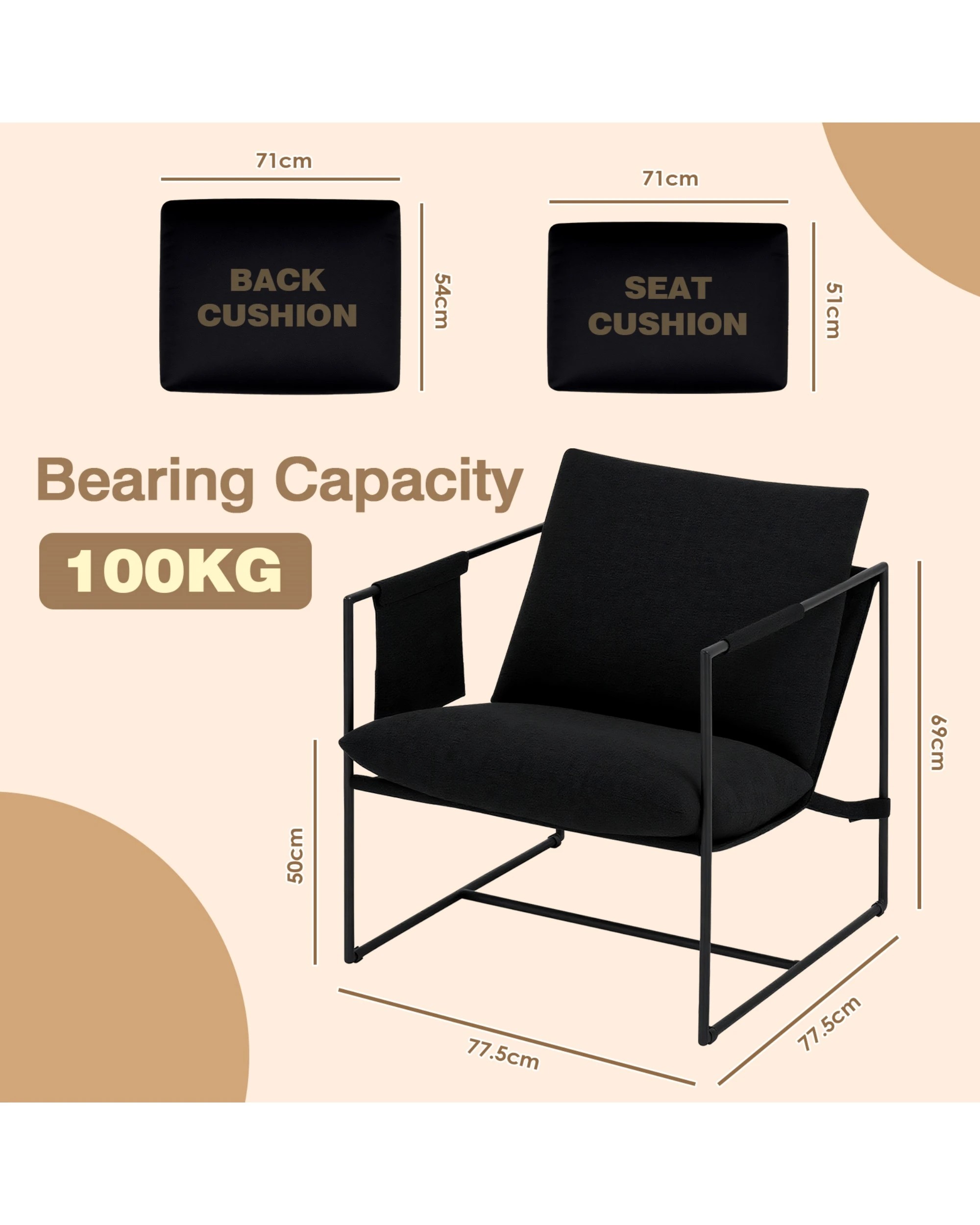 2 Advwin Sling Accent Chair Linen Lounge Chair Armchair with Upholstered Cushions & Side Pocket Black, 2 of 10