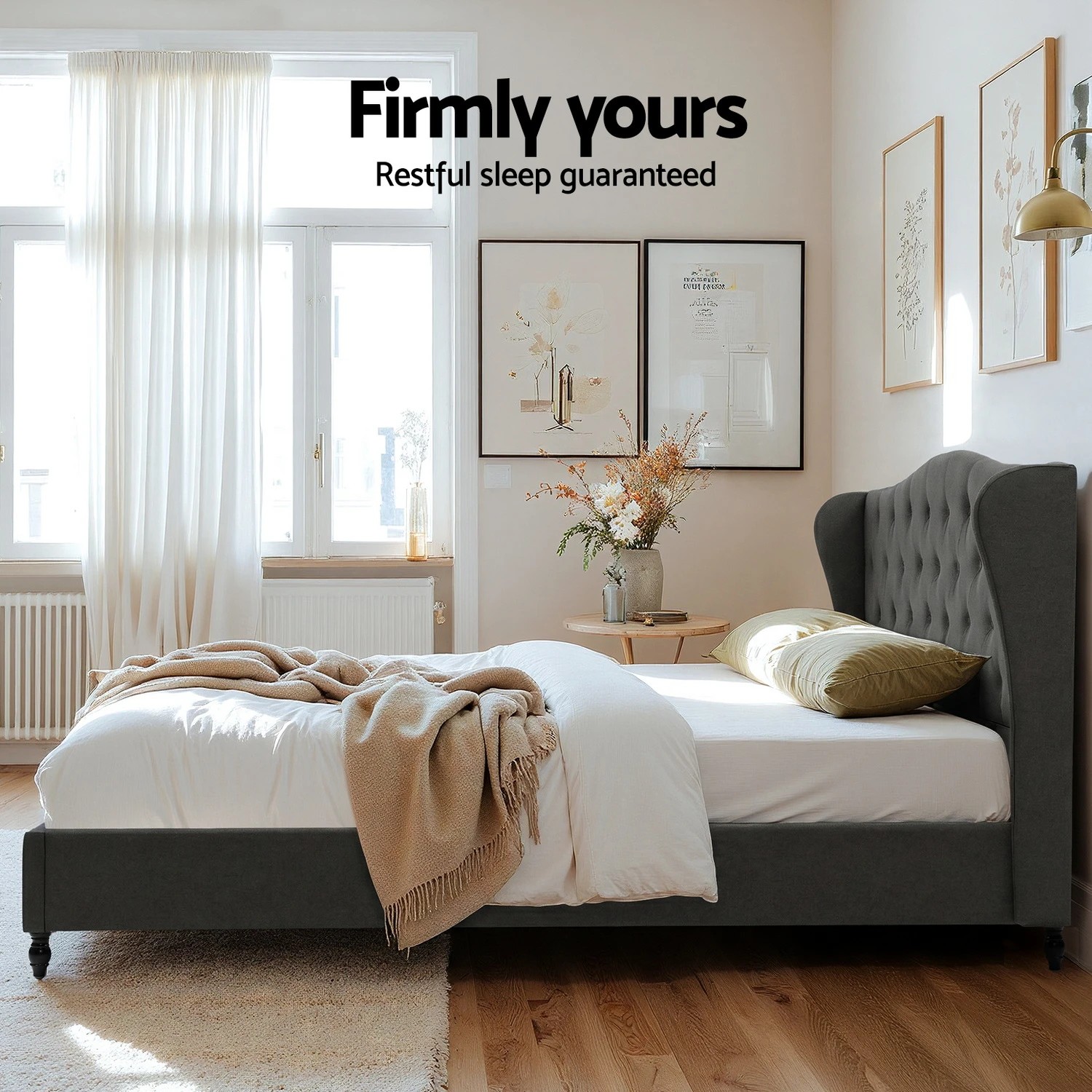 6 Artiss King Bed Frame with Wingback Headboard  Linen Upholste Platform Bed Base - Grey, 6 of 6