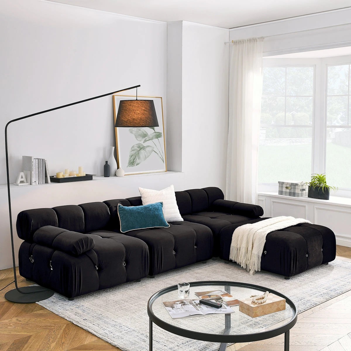 3 Foret 2 Seater Sofa Modular Arm Seat Tufted Velvet Lounge Couch Chaise Black, 3 of 9
