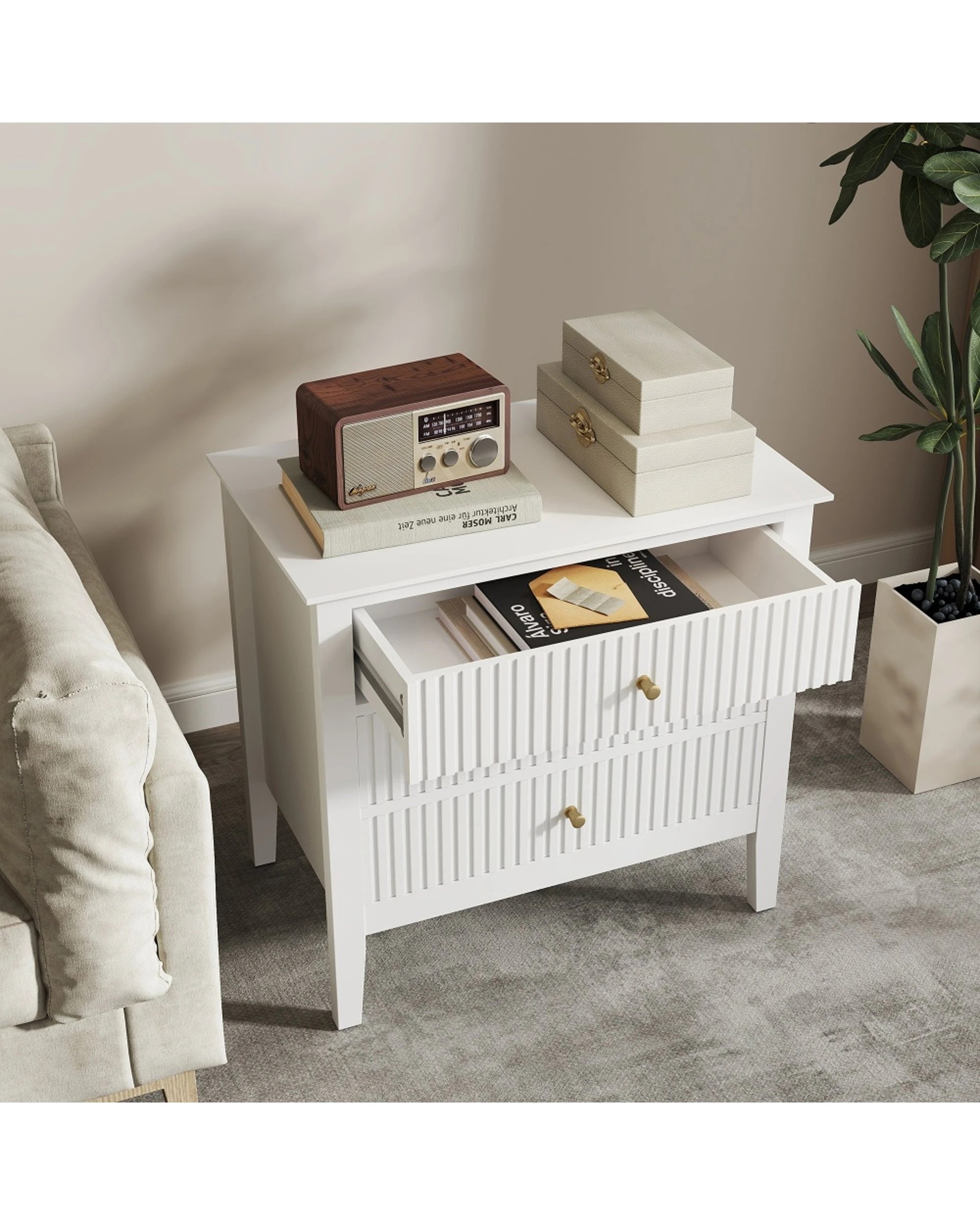 4 Alpine Bay Zara Fluted Wide 3 Drawer MDF Storage Bedside Table Storage Furniture - White, 4 of 7