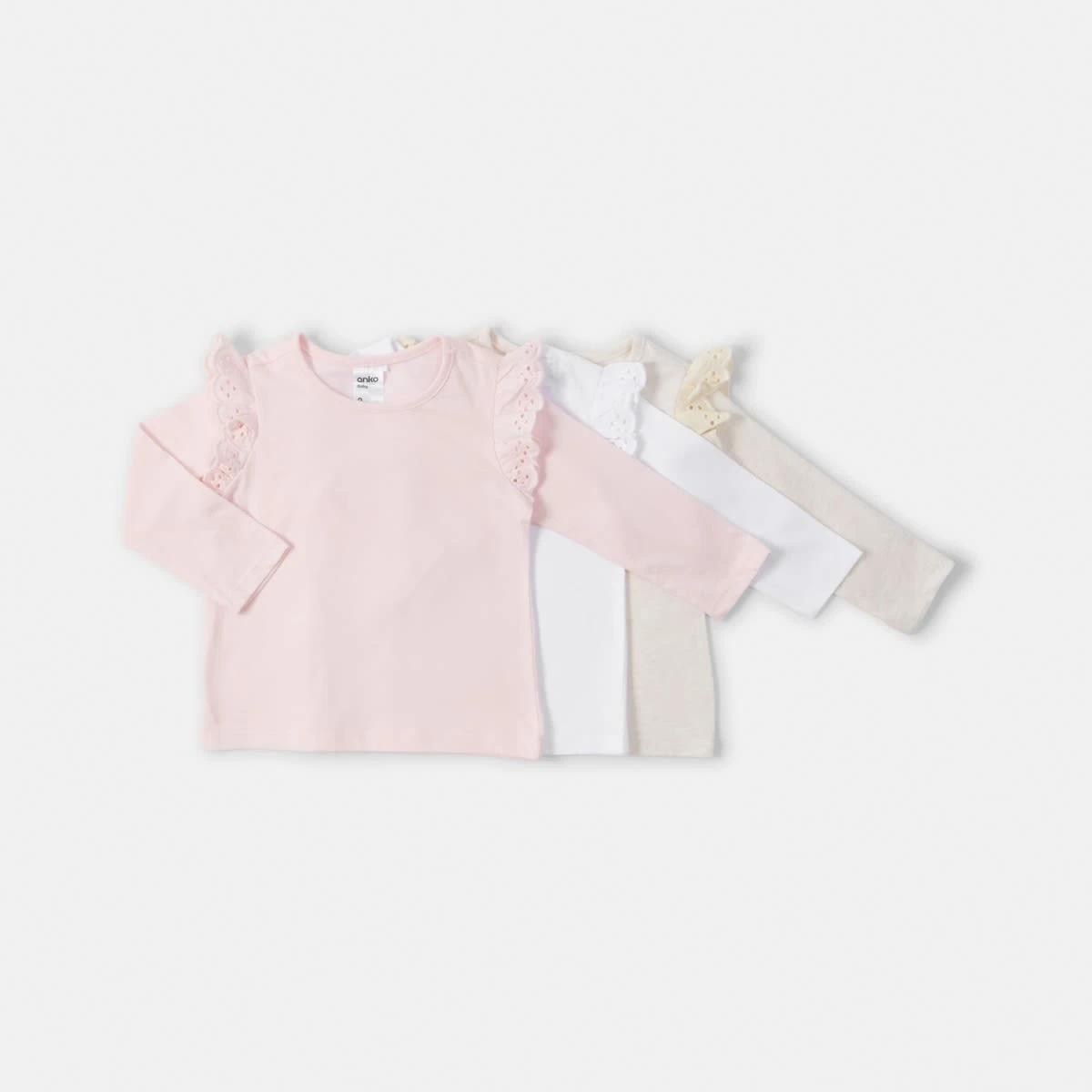 1 3 Pack Long Sleeve Broderie T-shirt Pnk Pk, 1 of 8