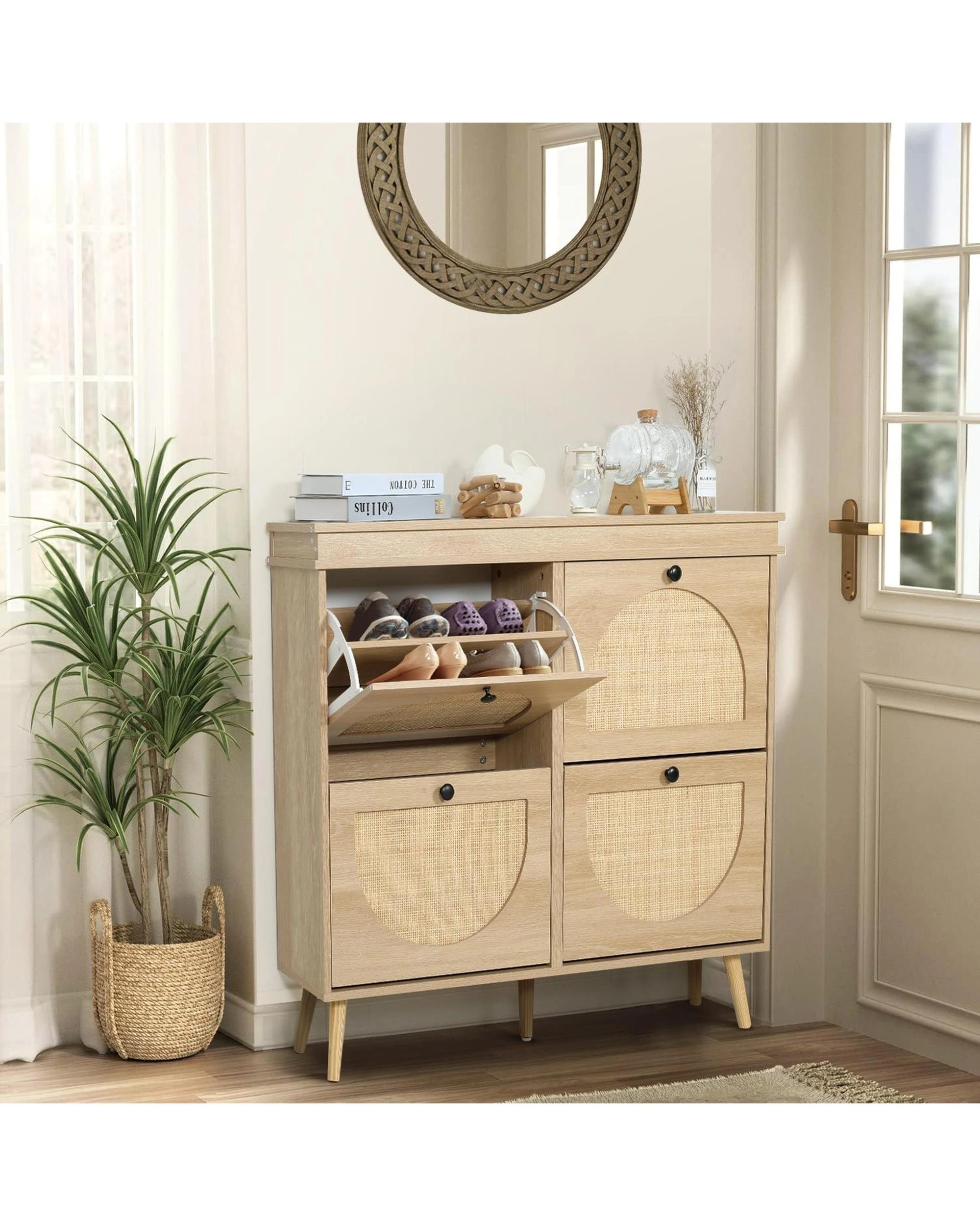 6 Westly Rattan Shoe Cabinet with 4 Doors Oak, 6 of 9
