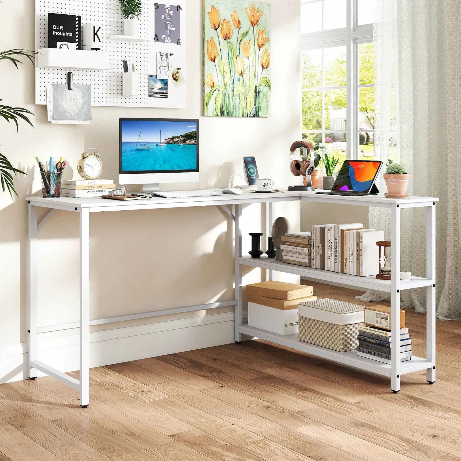 2 Costway L-Shaped Computer Desk w/Charging Station Corner Study Writing Table, 2 of 6