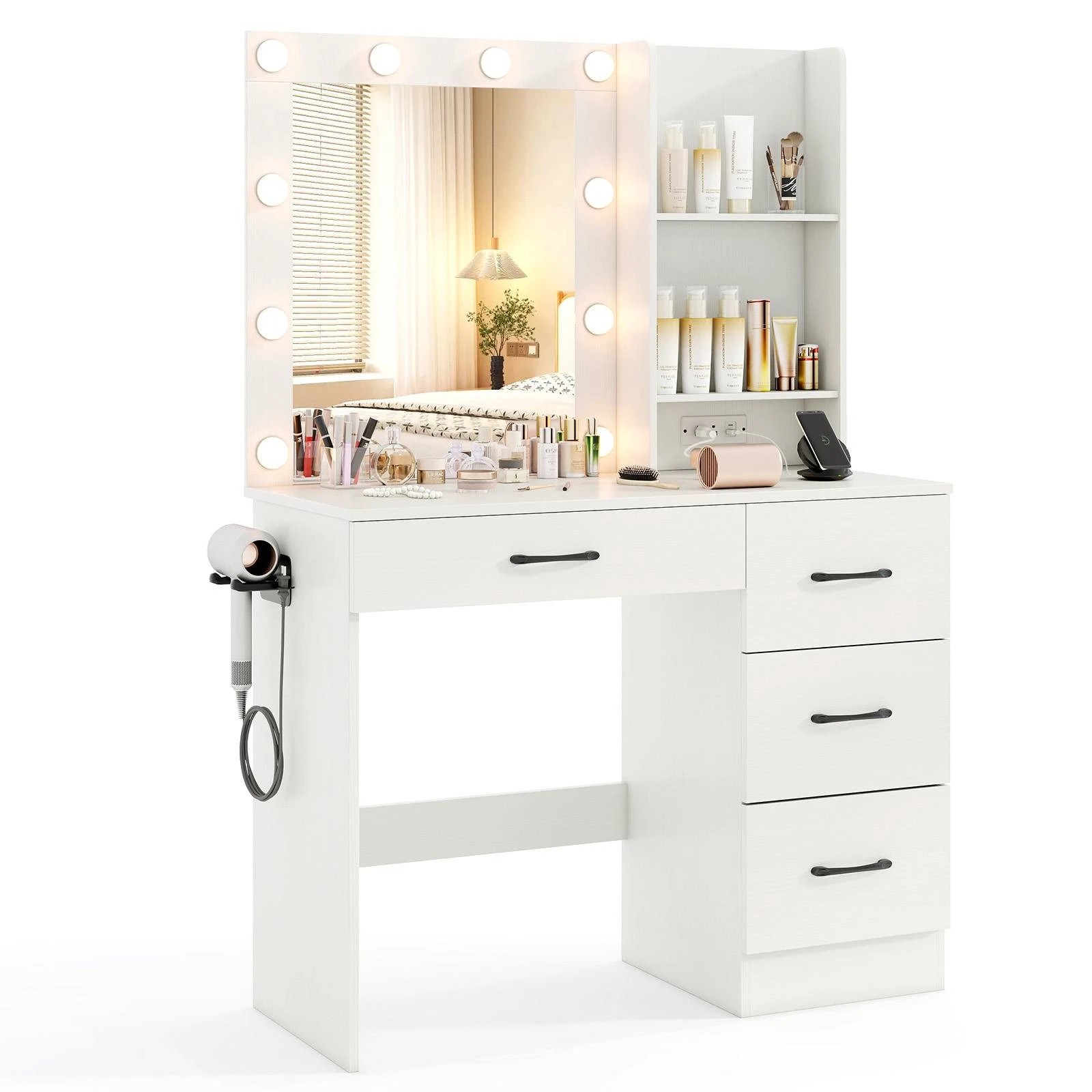 4 Costway 3-Color LED Dressing Table w/Charging Station Drawers Makeup Mirror Vanity Desk, 4 of 4