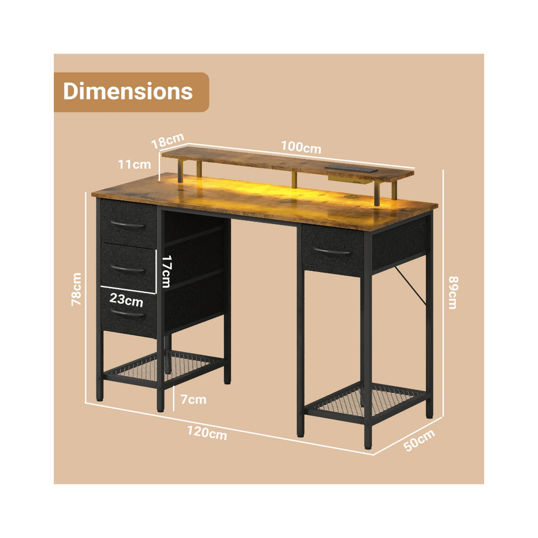 2 Advwin 120cm Walnut Computer Desk With Led Lights Power Outlets Gaming Desk, 2 of 9