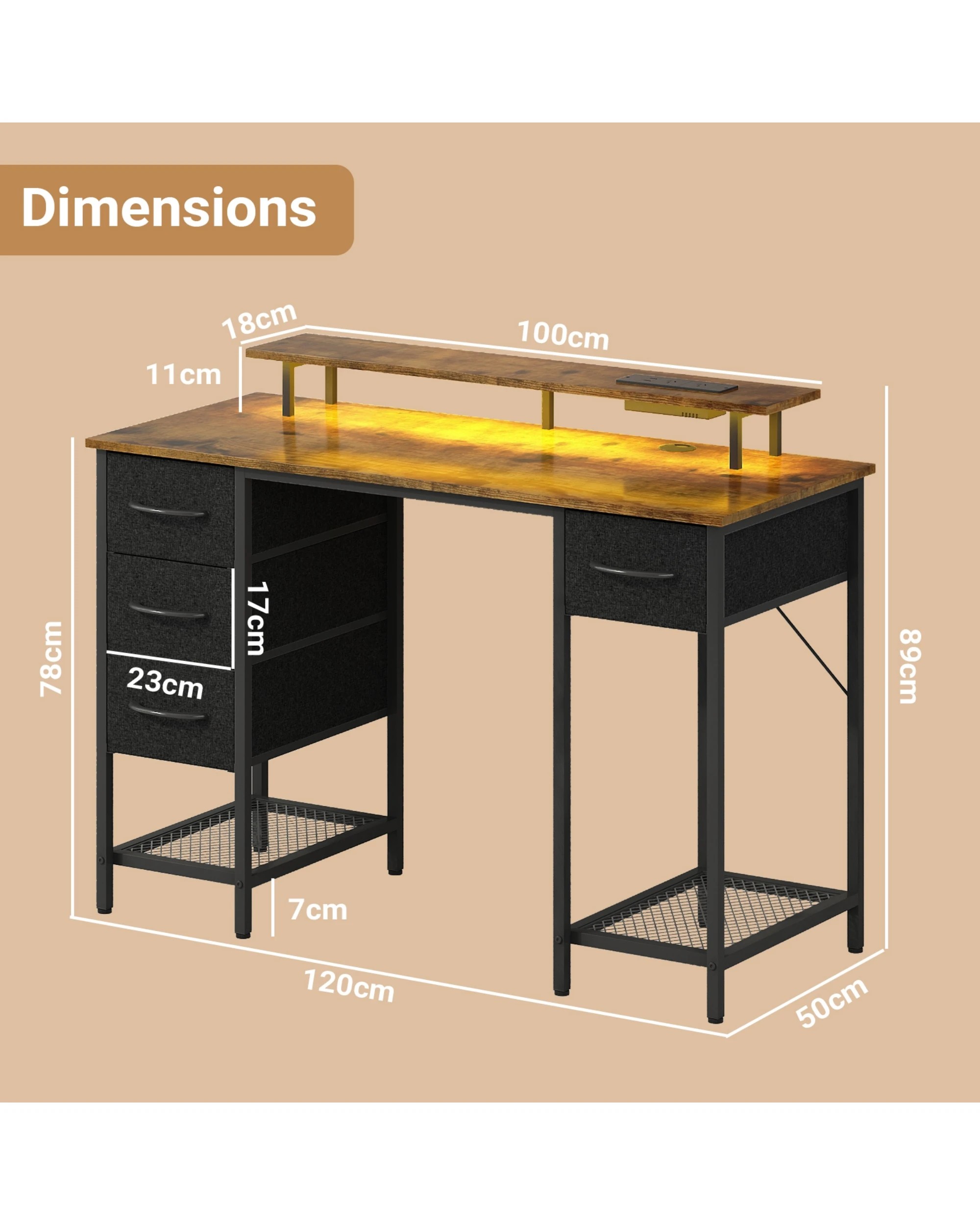2 Advwin 120cm Walnut Computer Desk With Led Lights Power Outlets Gaming Desk, 2 of 8