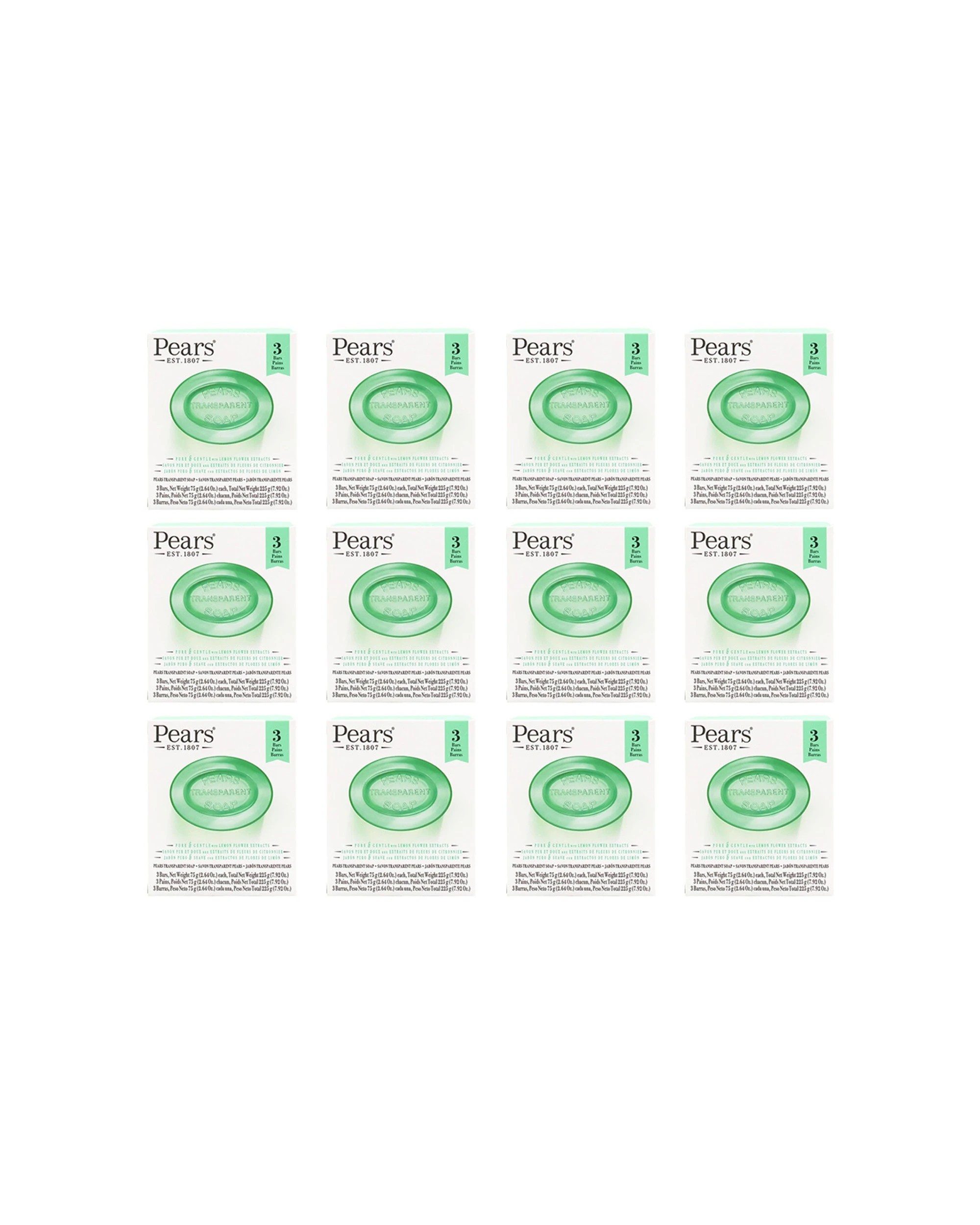 1 Pears 12 x 3pc Pure Gentle Bar Soap 75g With Lemon Flower Extracts - Green, 1 of 4