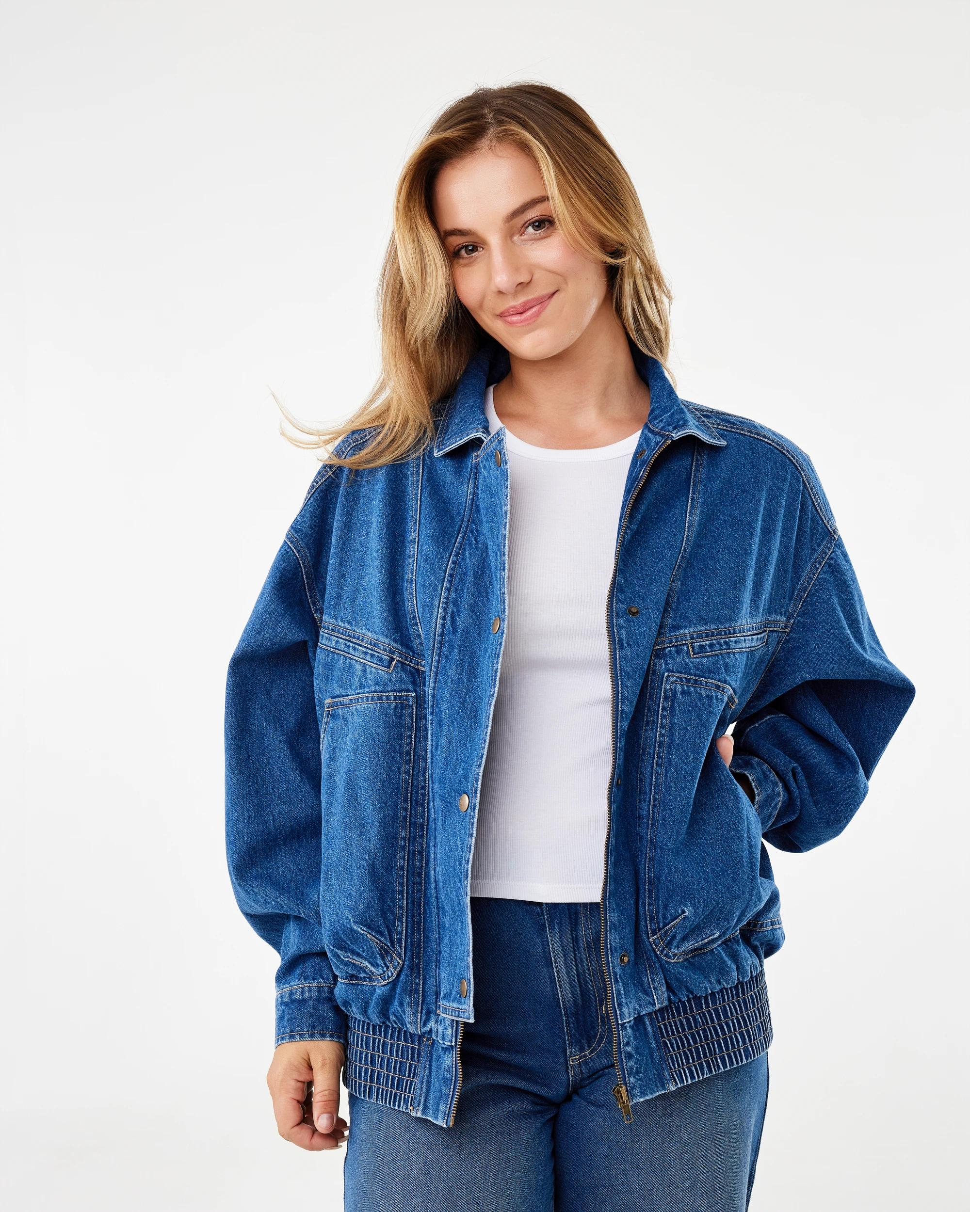 2 Oversized Denim Bomber Jacket Mid Wash, 2 of 7