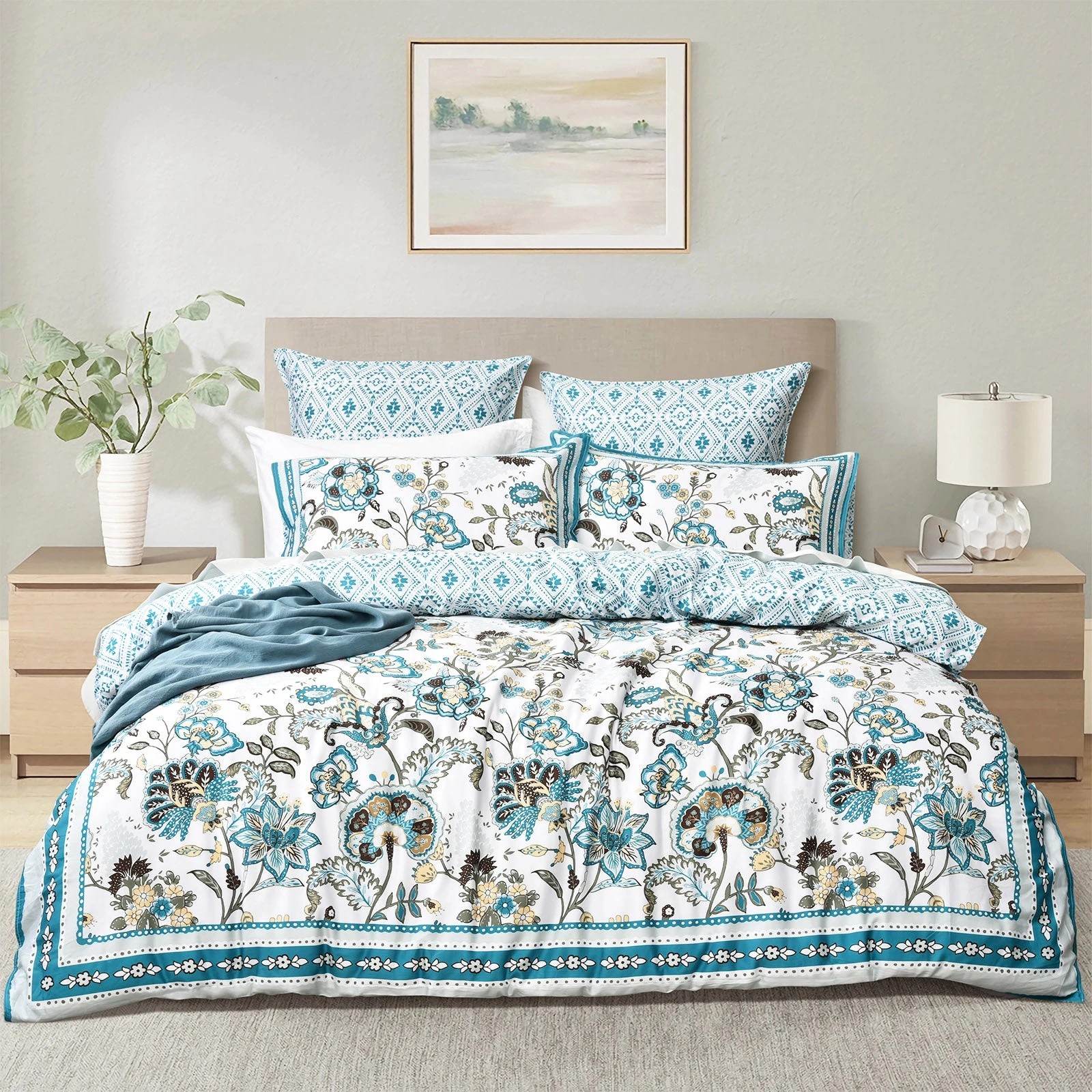 1 Renee Taylor Anaya 300 TC Cotton Sateen Reversible Quilt Cover Set, Blue. - Blue, 1 of 3