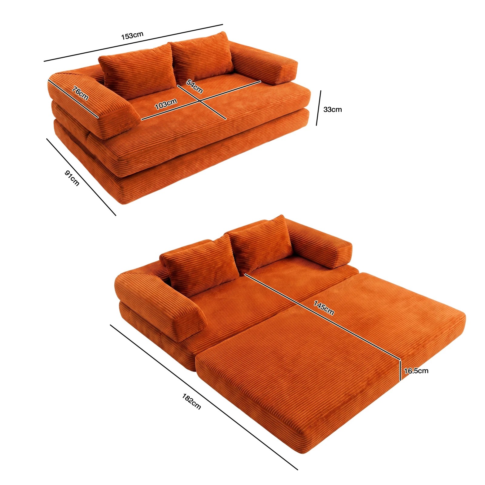 2 Advwin Folding Sofa Bed 5 in 1 Convertible Floor Loveseat Fold Out Corduroy Sleeper Couch- Orange, 2 of 7