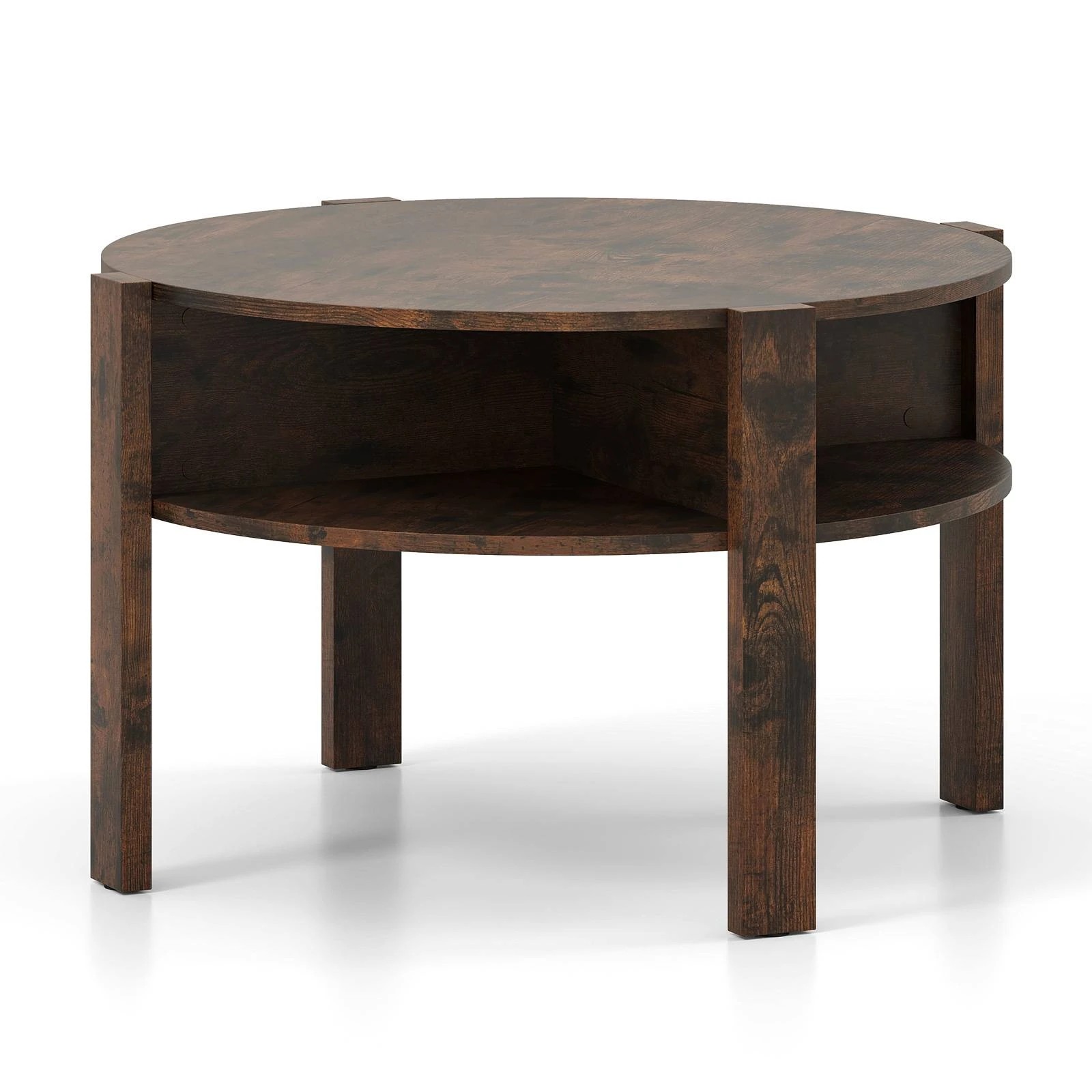 1 Costway 2-Tier Round Coffee Table w/4 Storage Shelves Tea Cocktail Table Home Accent Side Table Brown, 1 of 1