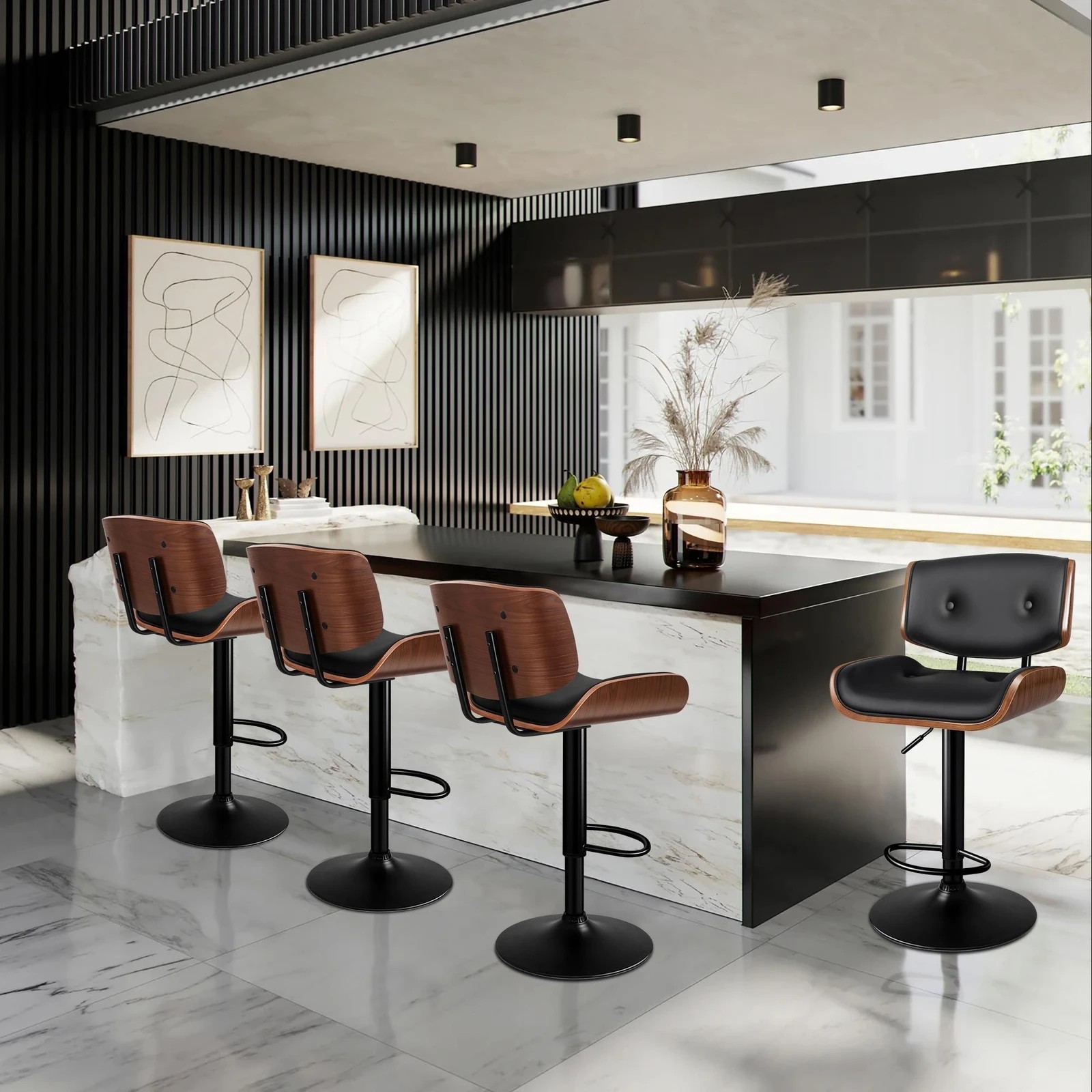 9 Alfordson 2x Bar Stool Kitchen Swivel Chair Wooden Leather Gas Lift - Black, 9 of 9