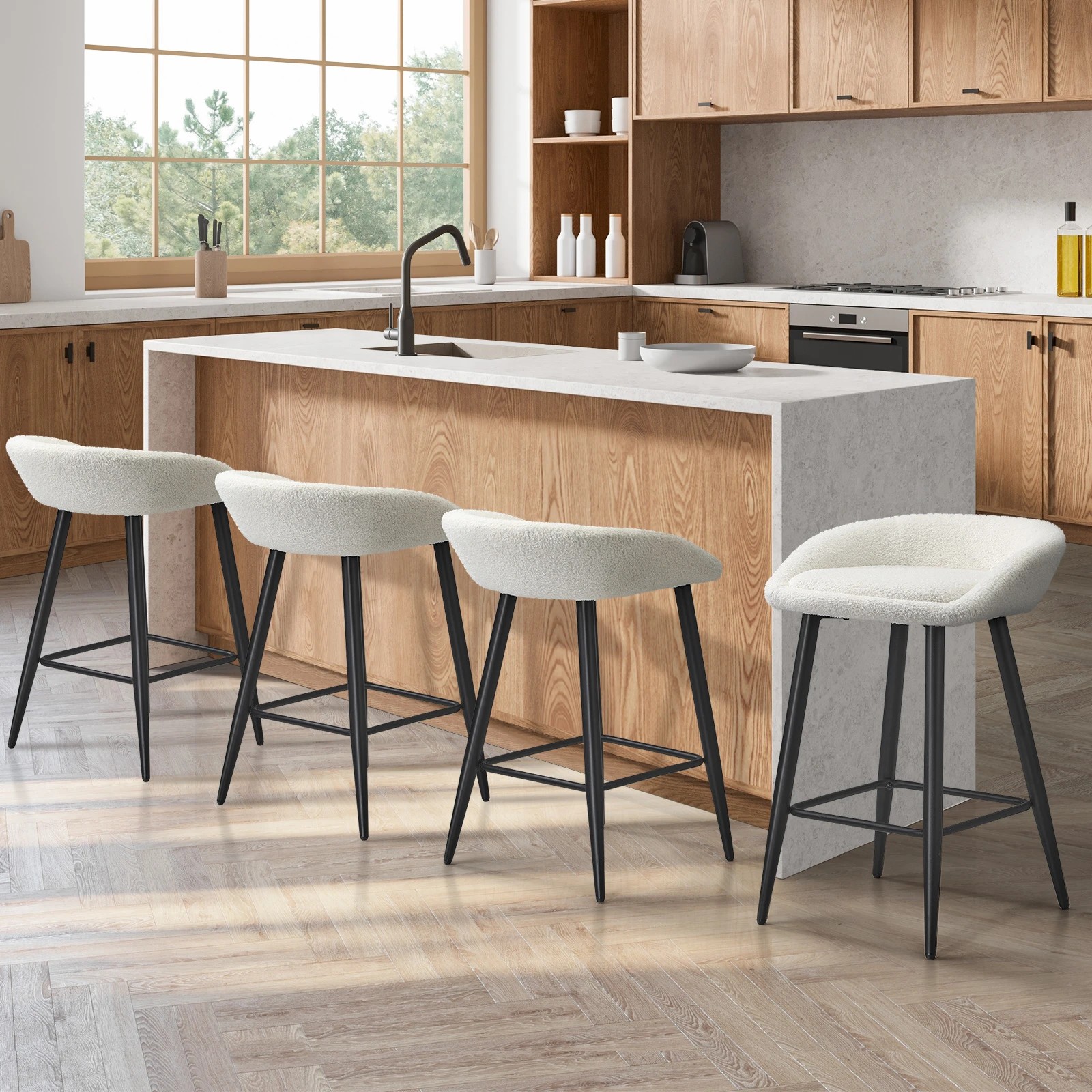 2 Oikiture Bar Stools Set Of 4 Kitchen Dining Chairs Counter Stool Boucle
 - White, 2 of 10