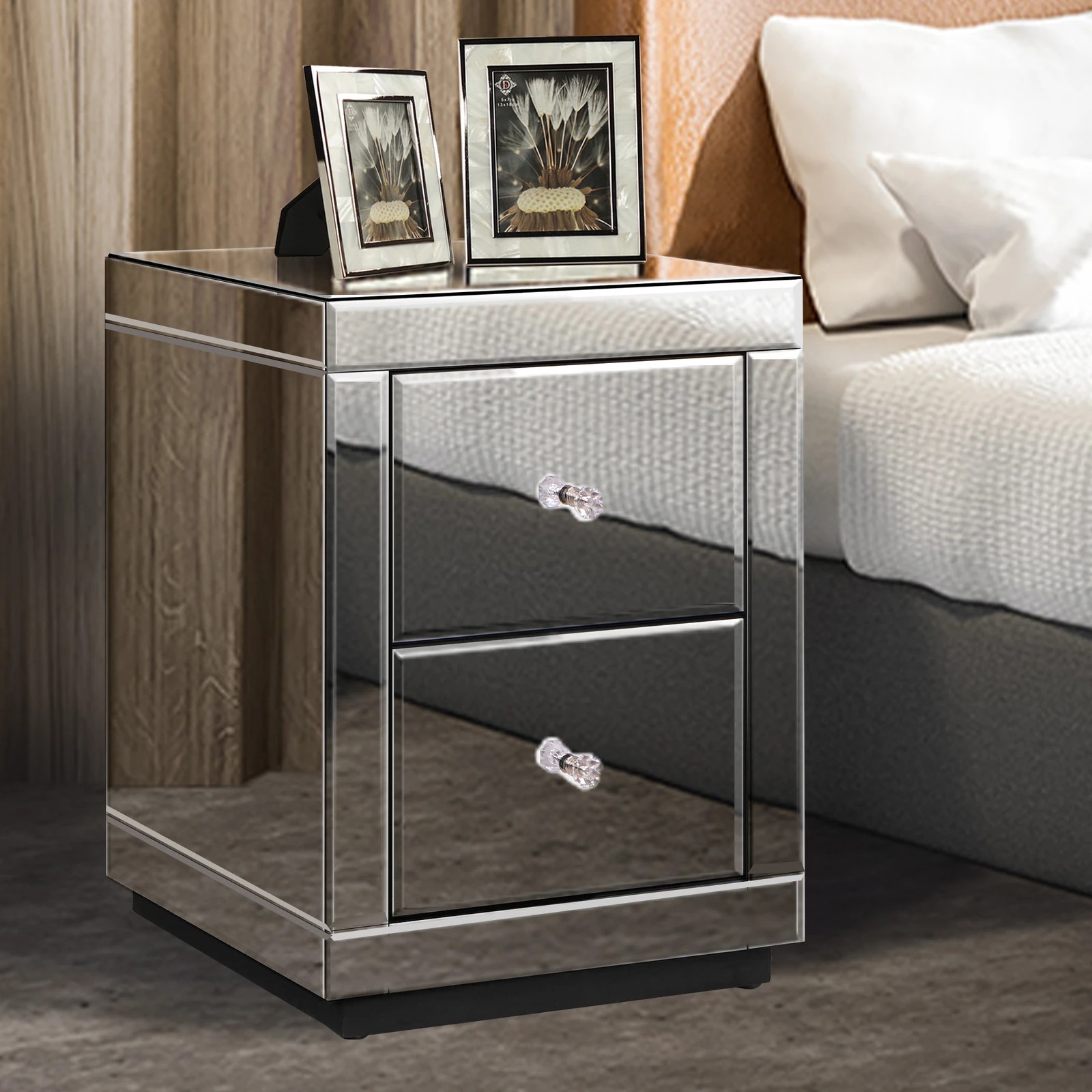 3 Alfordson 2x Mirrored Bedside Table Nightstand Storage Drawers - Silver, 3 of 10