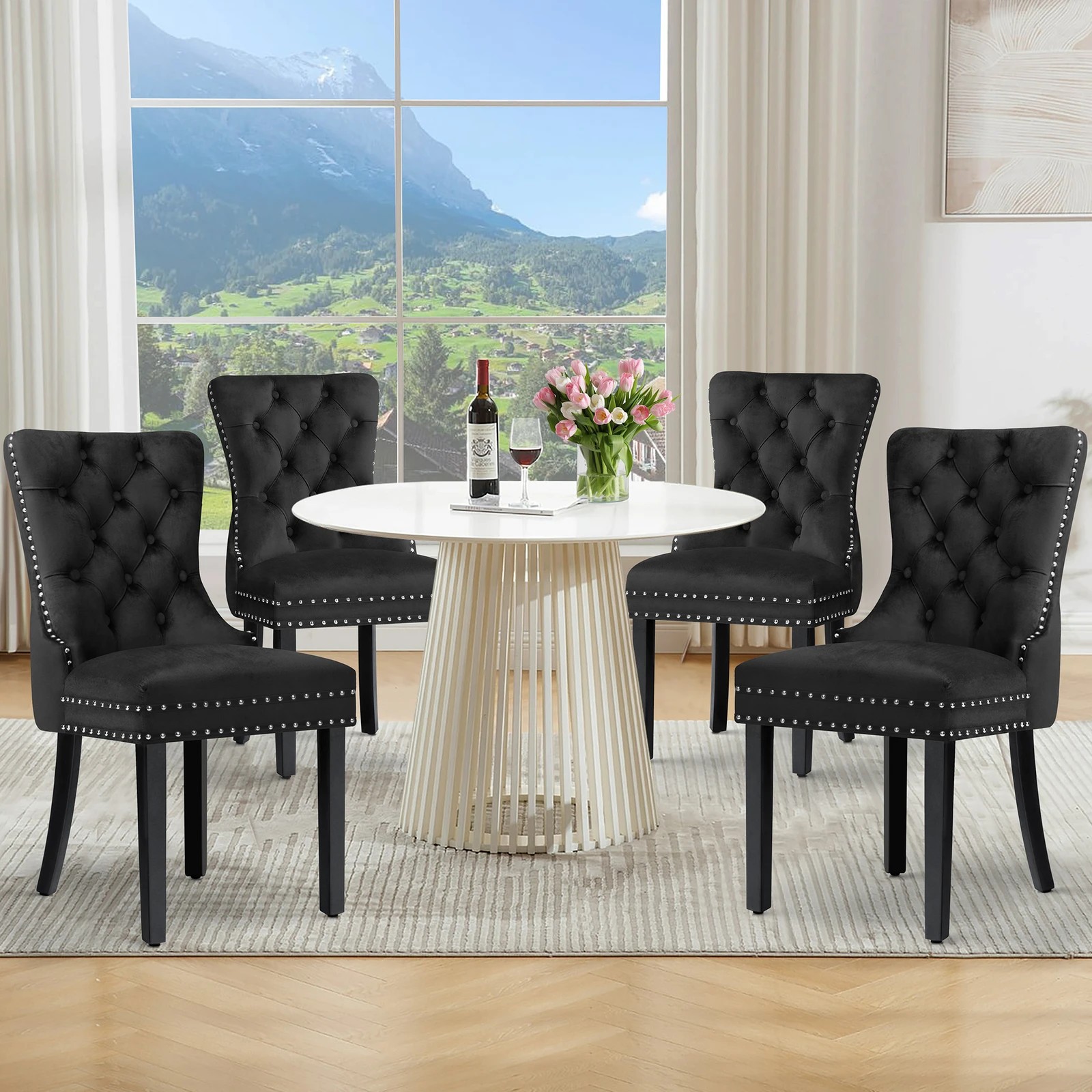 2 Alfordson 4x Dining Chair Kitchen Lounge Retro Button Tufted Wooden Velvet - Black, 2 of 10