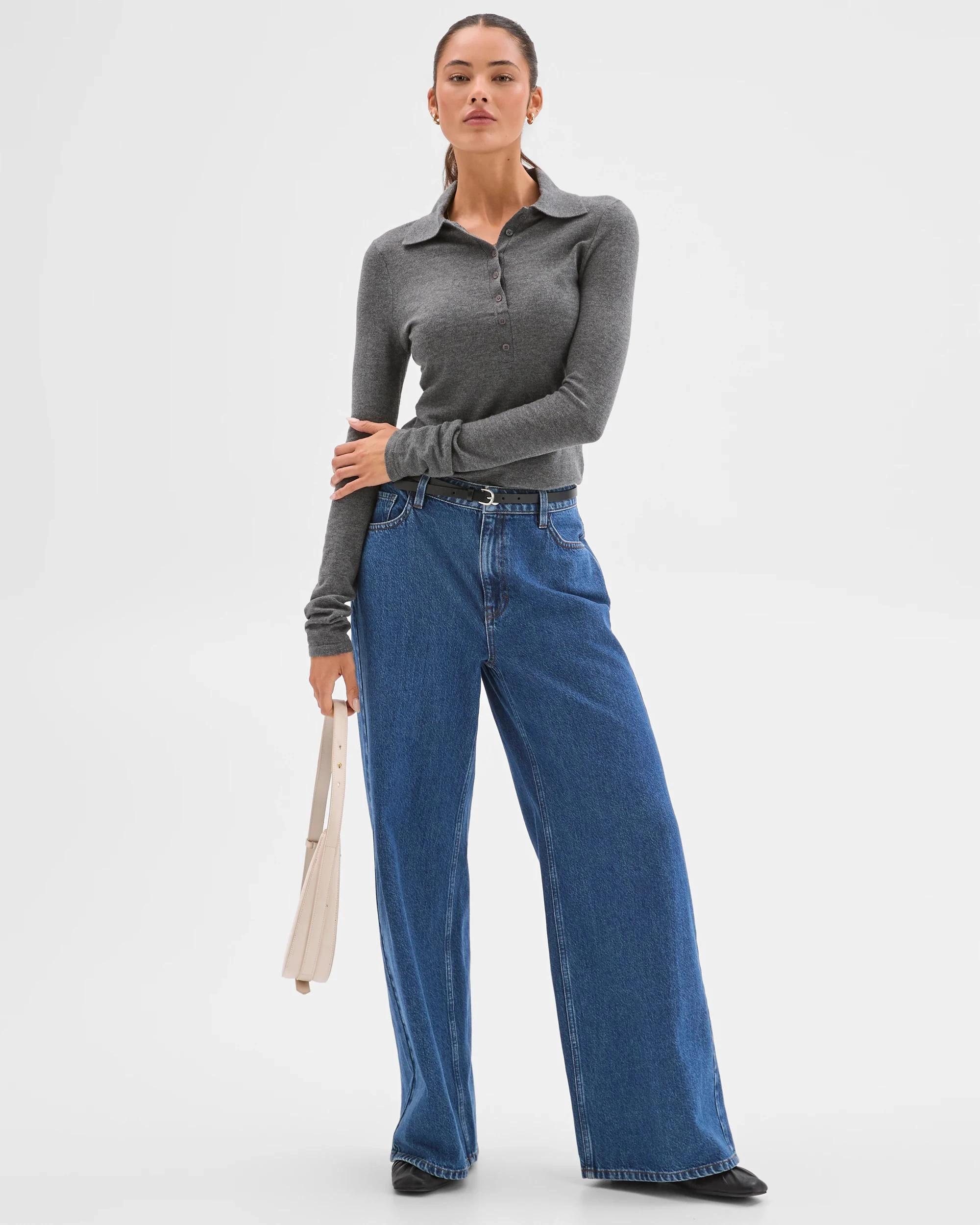 1 Lily Loves Long Sleeve Knit Polo Top GRAPHITE MARLE, 1 of 7