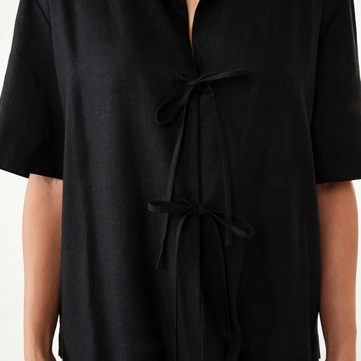 5 Short Sleeve V-Neck Tie Front Top Black, 5 of 6