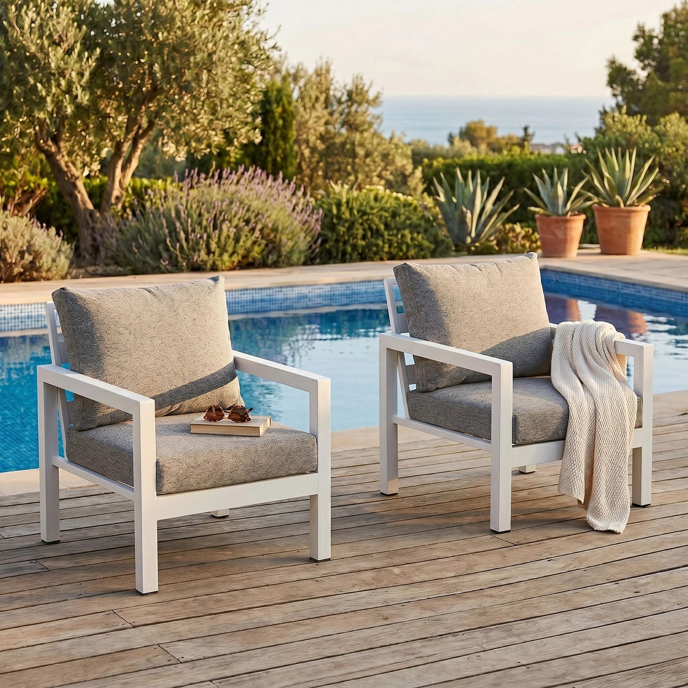 5 Moda Living Manly Single Seater White Aluminium Outdoor Sofa Lounge - Textured Grey Cushions (Set of 2) - White, 5 of 10