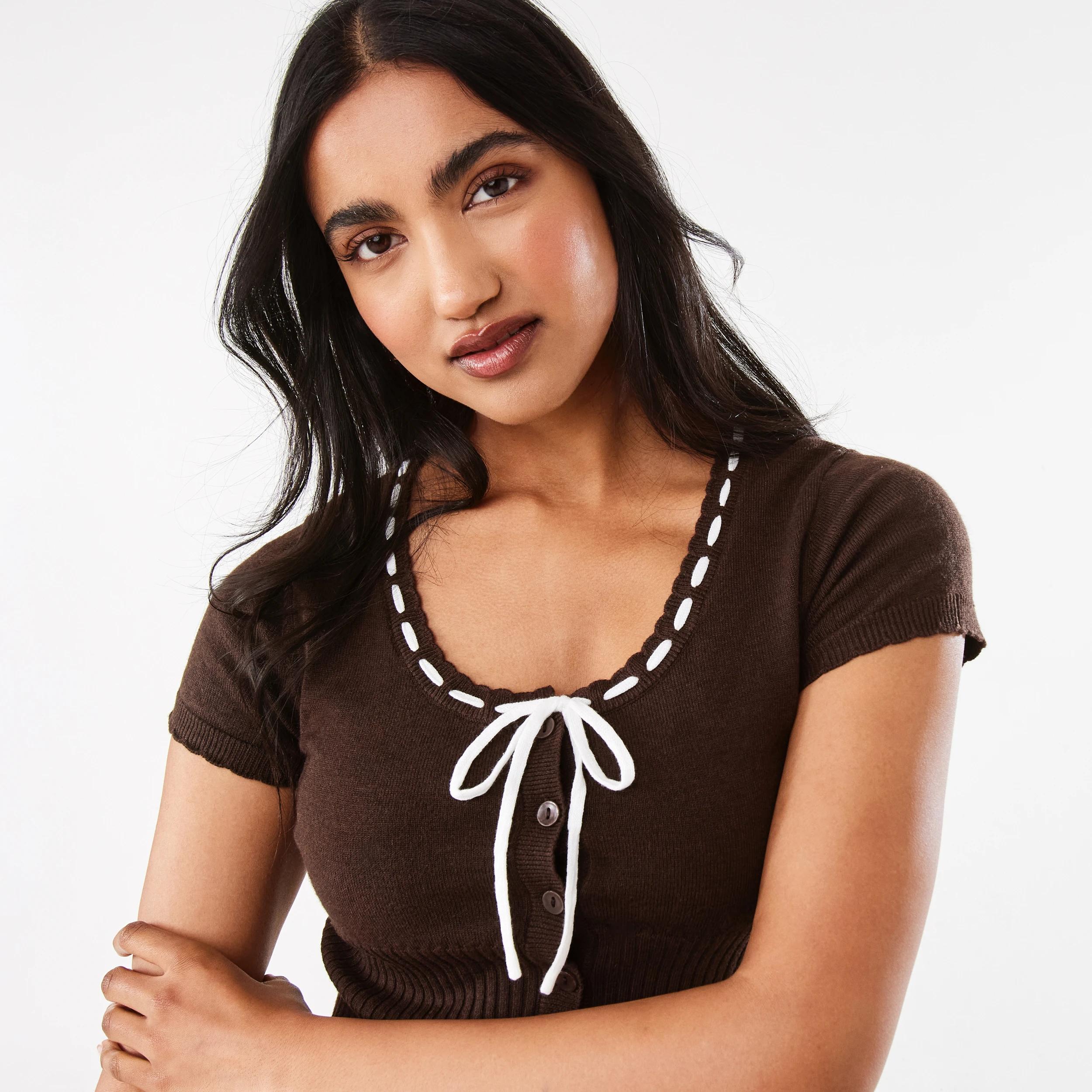 7 Short Sleeve Ribbon Detail Cardigan Melt Brown, 7 of 9