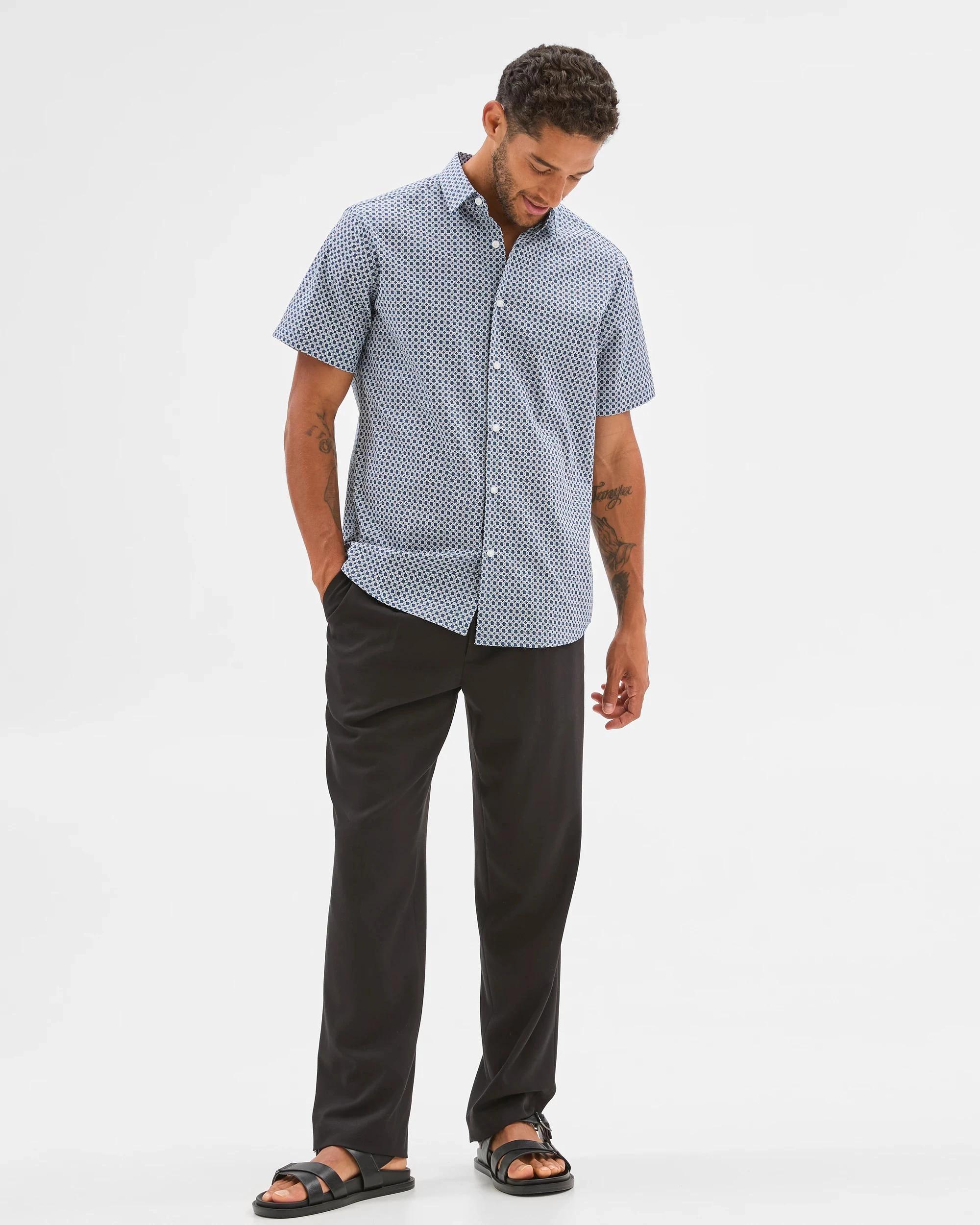 1 Preview Australian Cotton Short Sleeve Shirt NAVY GEO, 1 of 6