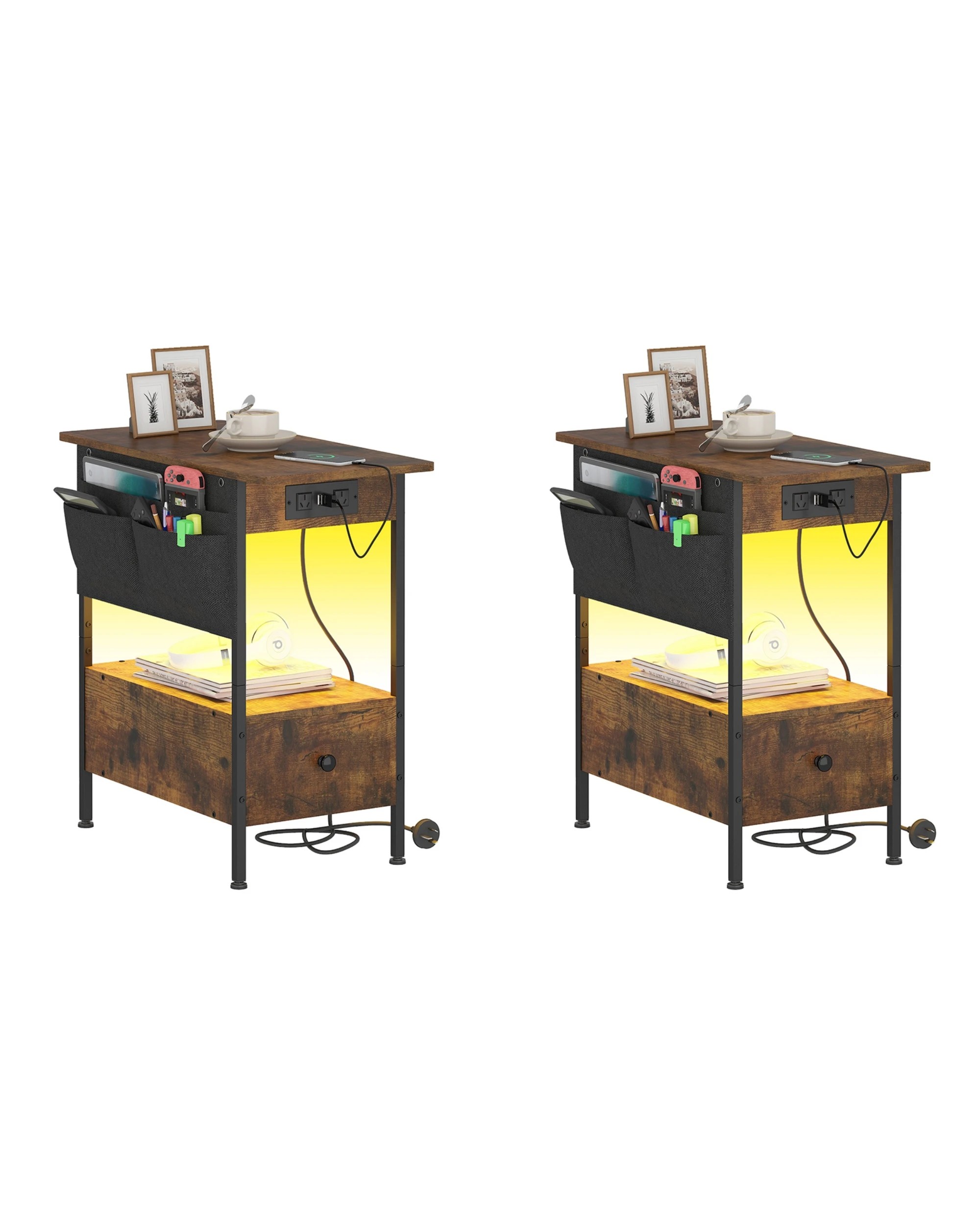 1 Advwin LED  Bedside Tables Set of 2 with Storage Pocket - Brown, 1 of 10