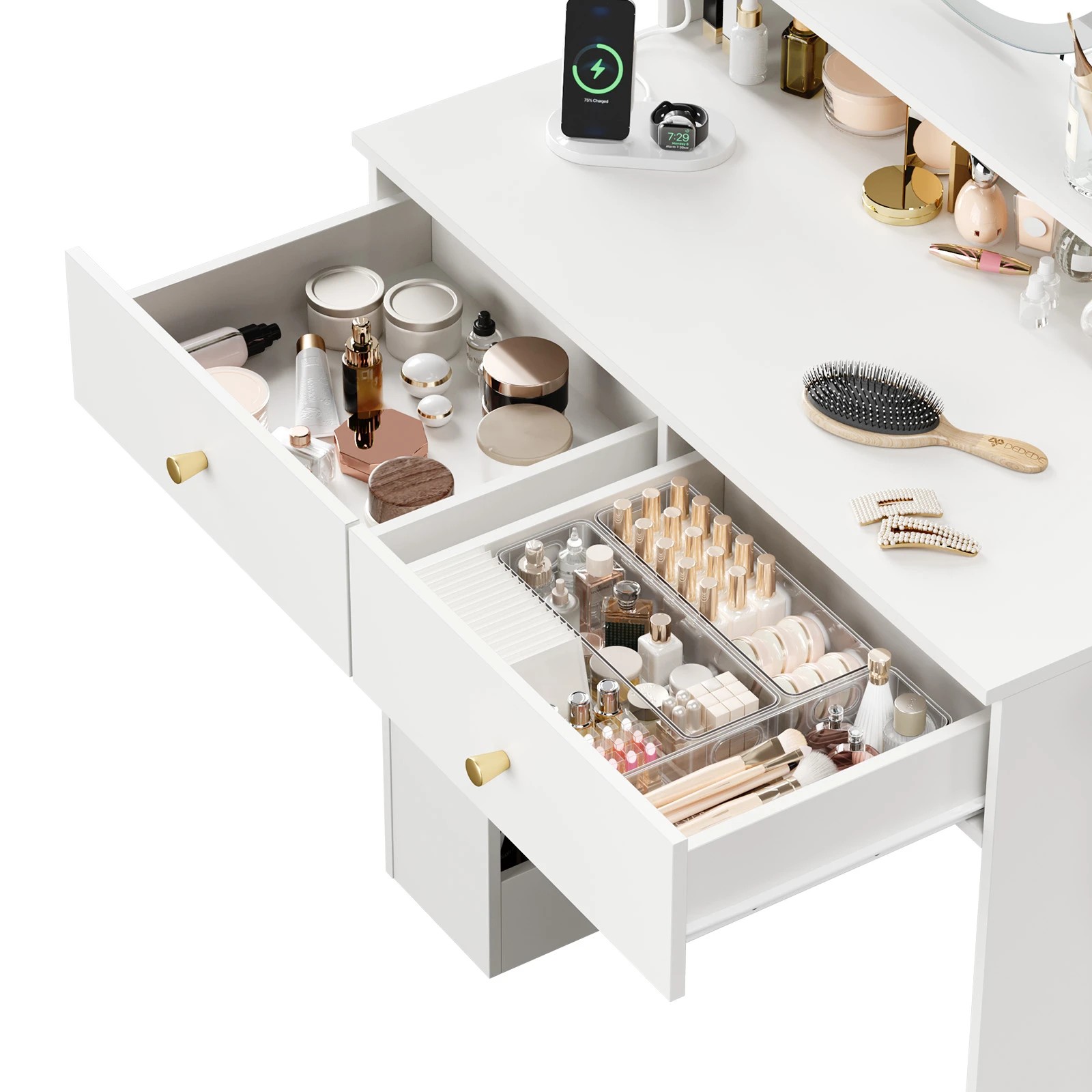 4 Advwin Dressing Table Set with LED Lighted Round Mirror - White, 4 of 9