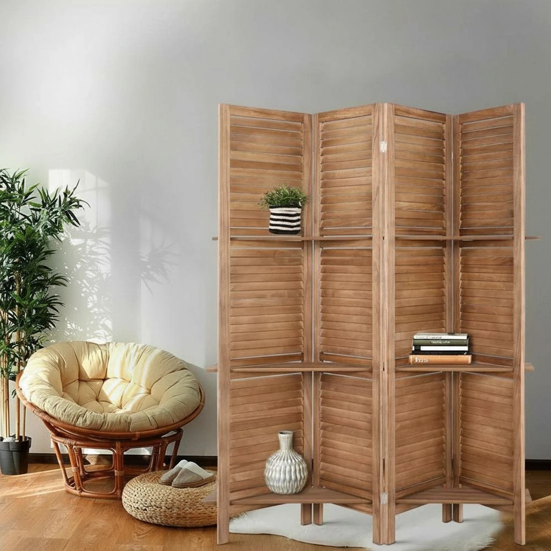 7 Artiss 4 Panel Room Divider Screen 163x170cm Shelf Oak - Brown, 7 of 8