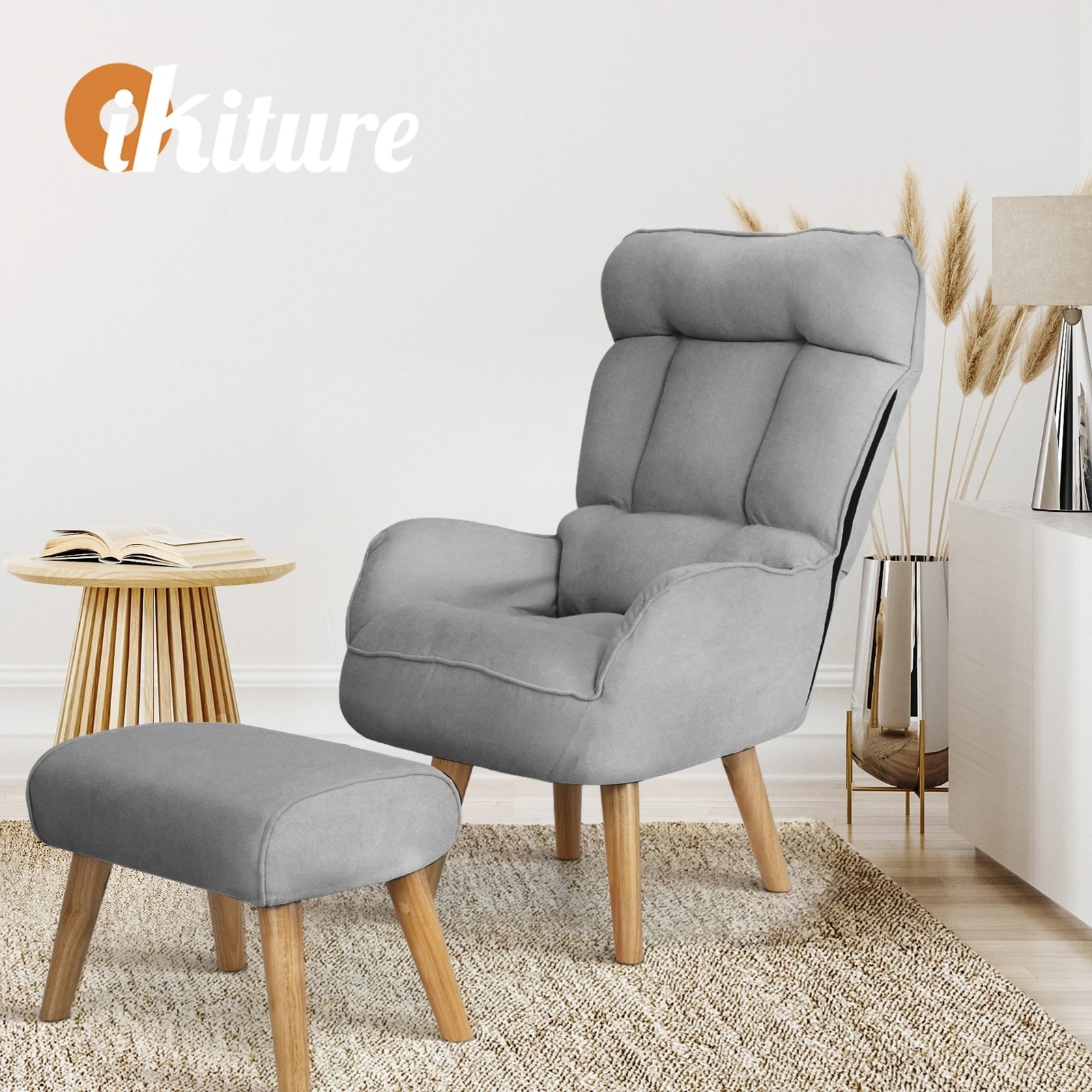 8 Oikiture 2x 360 Swivel Recliner Armchair Lounge Ottoman Chair With Stool - Grey, 8 of 10