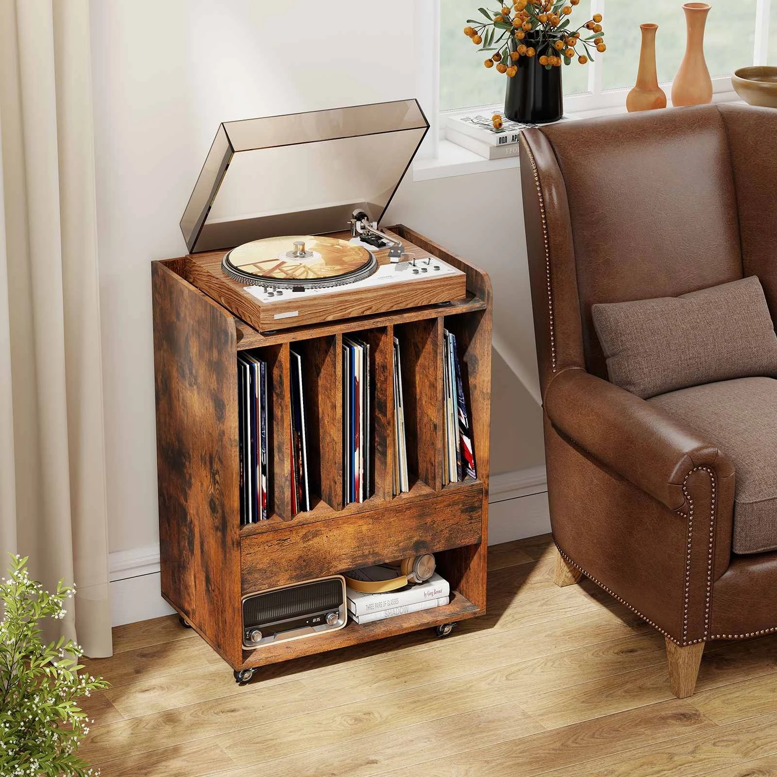 2 Costway Rolling Record Player Stand w/5 Compartments Vinyl Display Shelf - Brown, 2 of 4