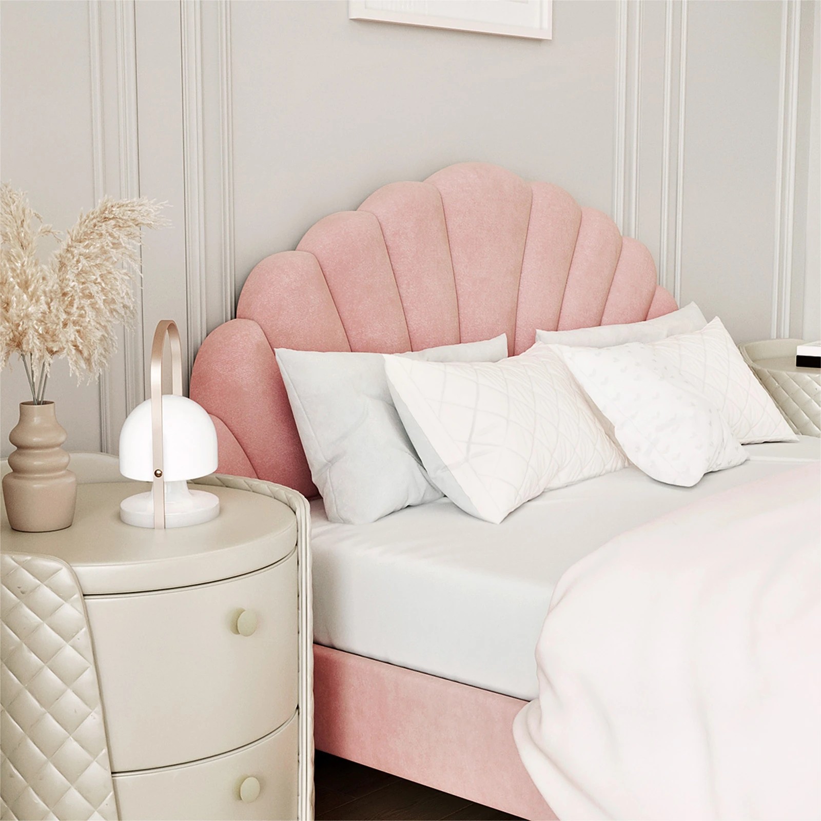 4 Oikiture Double Bed Frame Scallop-shape Bedhead Velvet- Pink, 4 of 10