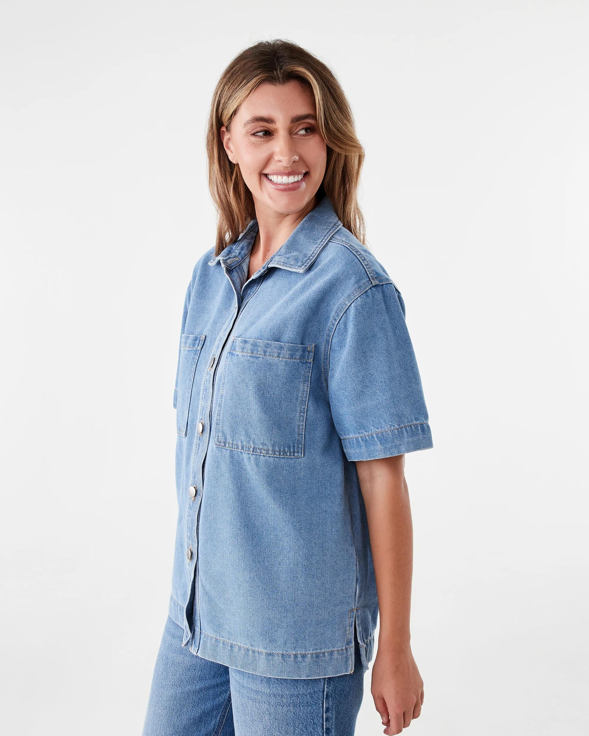 2 Short Sleeve Denim Shirt Light Wash, 2 of 7