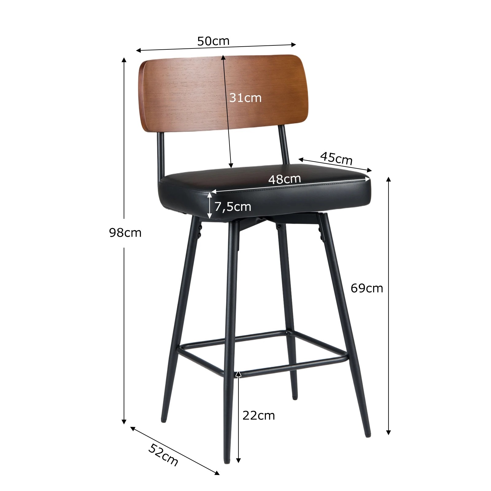 4 Costway 2PCS Bar Stools Padded Barstools Swivel Counter Height Chair w/Footrest - Black, 4 of 4
