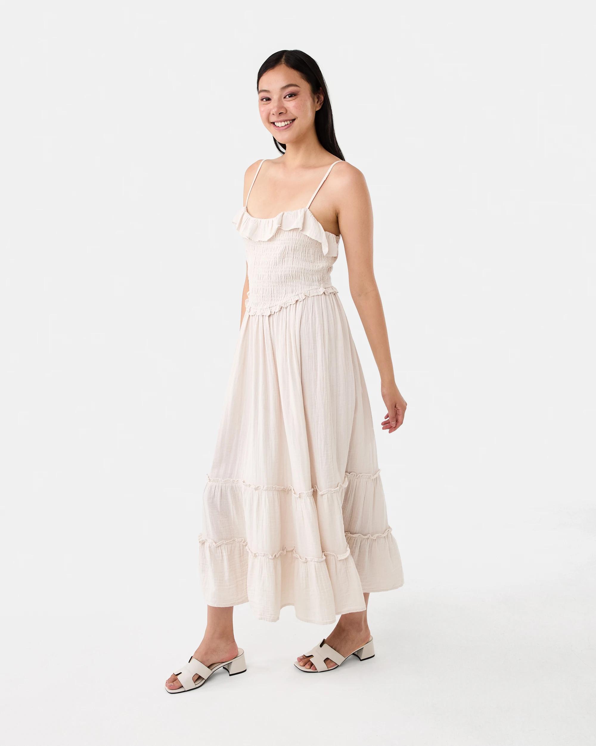 2 Sleeveless Double Cloth Frill Midi Dress Nat Beige, 2 of 7