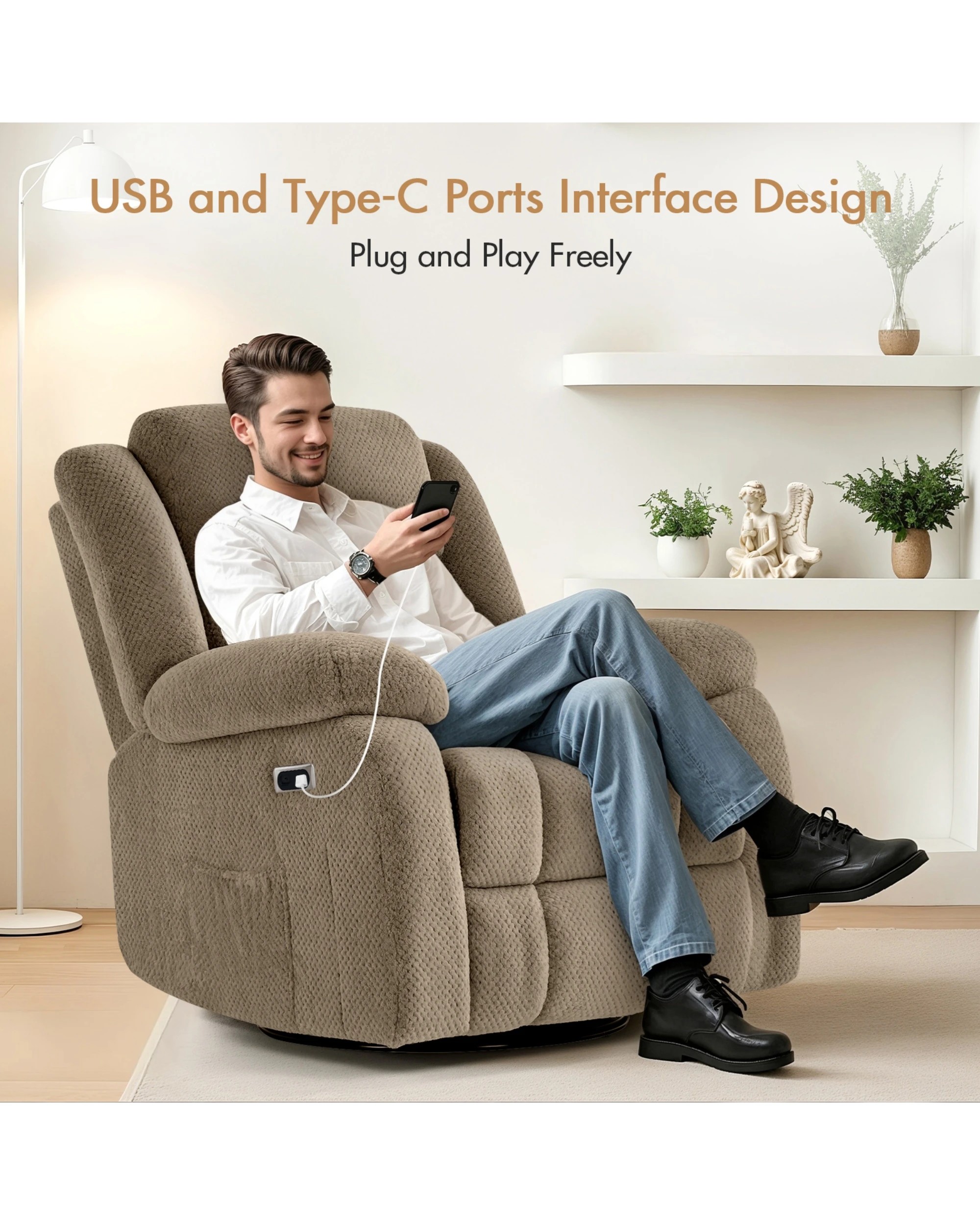 5 Advwin Recliner Chair Electric Heat Massage Chair Lounge Armchair Rotatable Velvet Brown, 5 of 7