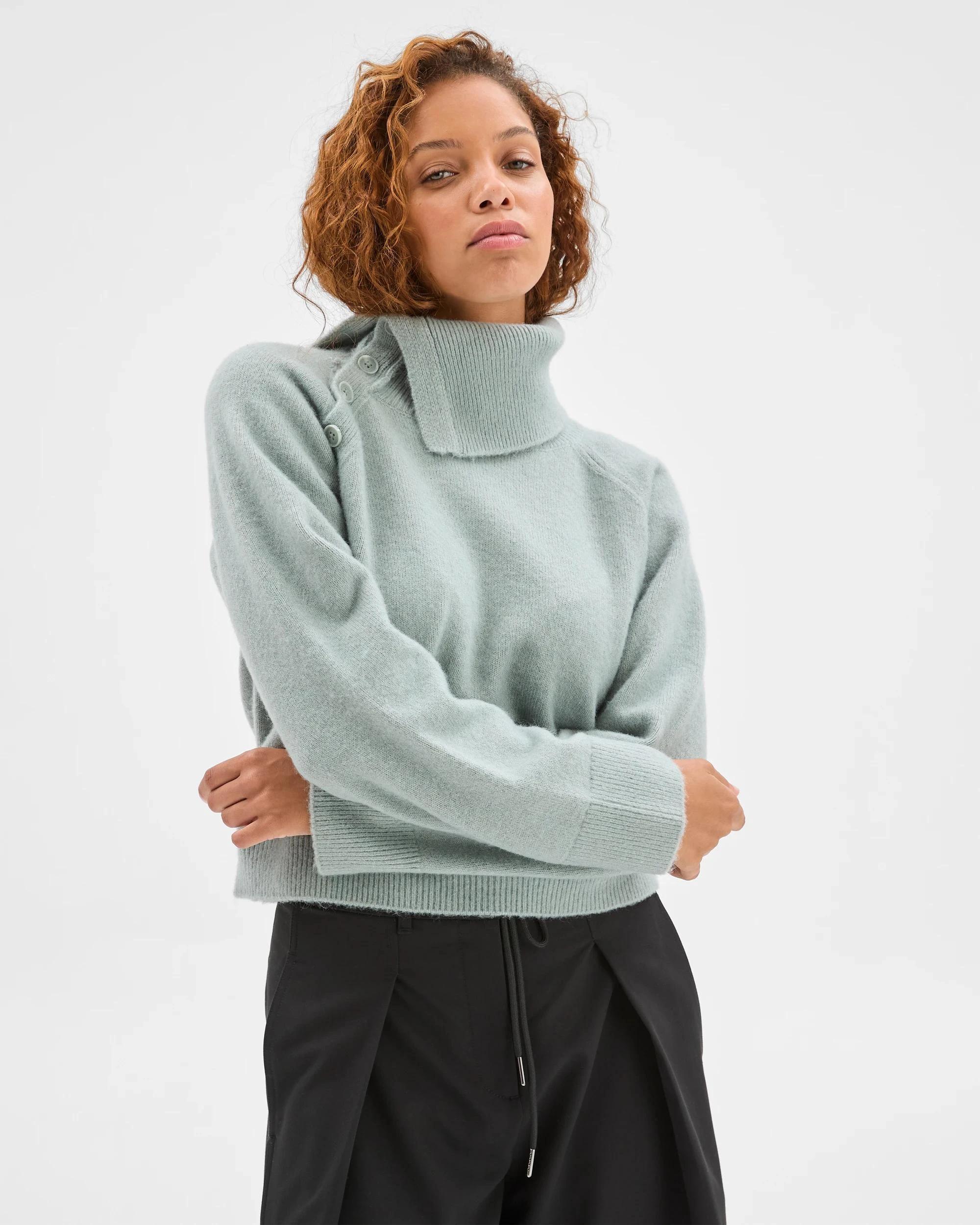 1 Preview Long Sleeve Asymmetric Fold Over Collar Sweater SEAFOAM, 1 of 5