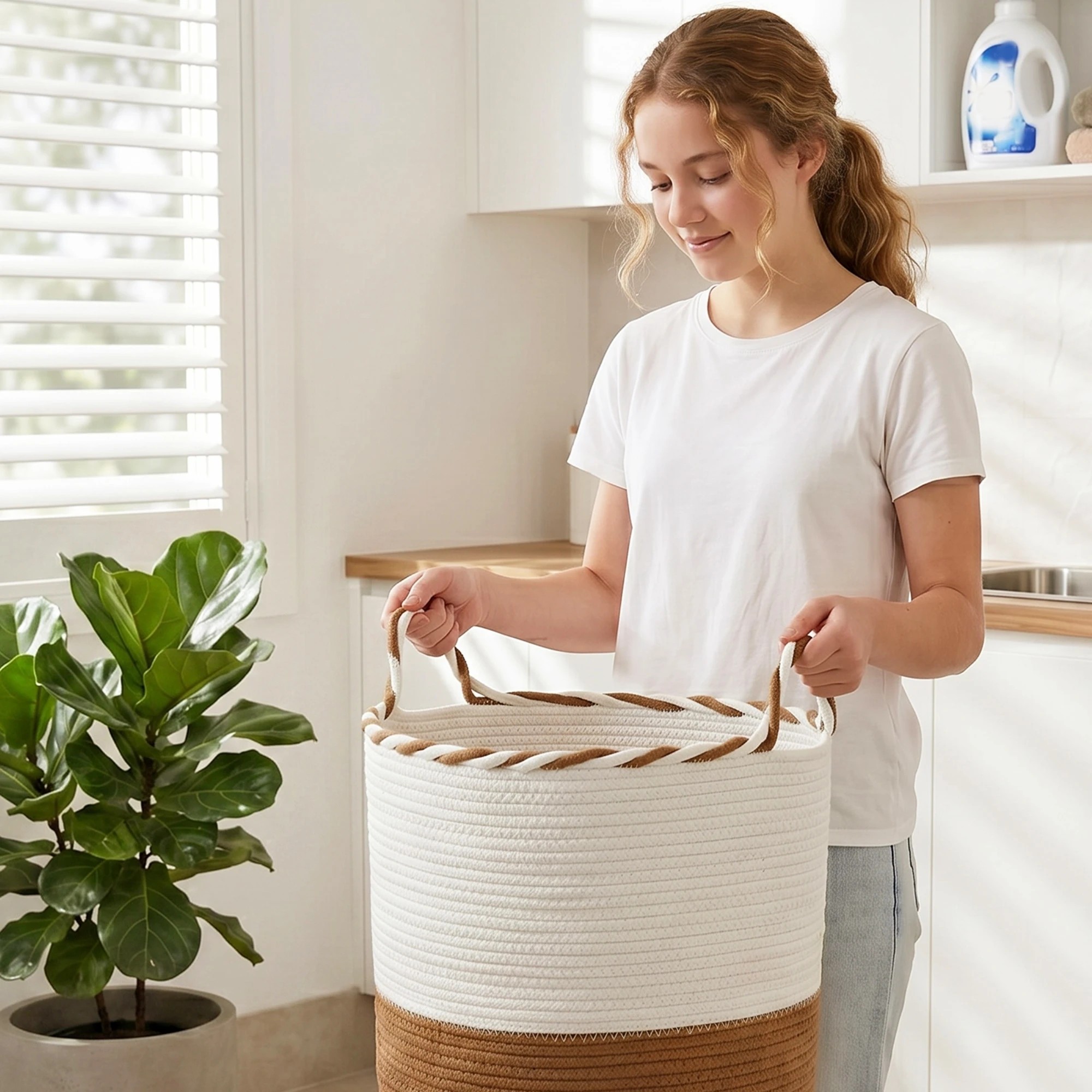 5 Artiss Woven Laundry Basket with handles Cotton Rope Storage Bin for Clothes Foldable - Brown, 5 of 9