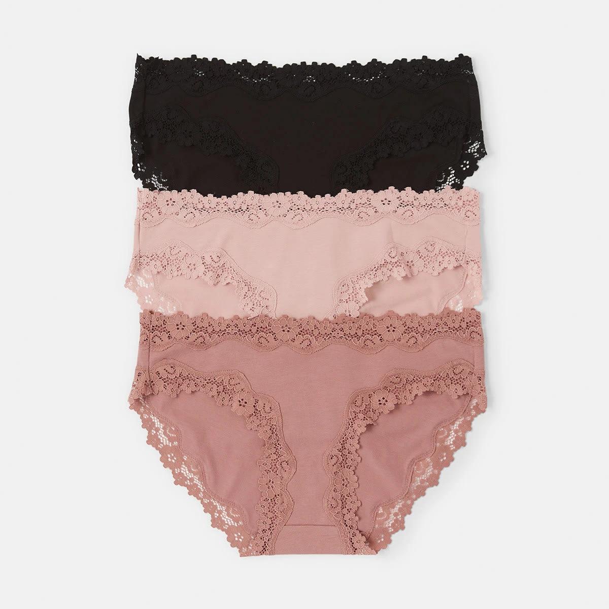 1 3 Pack Cotton Lace Bikini Briefs Sc Lf Bk, 1 of 8