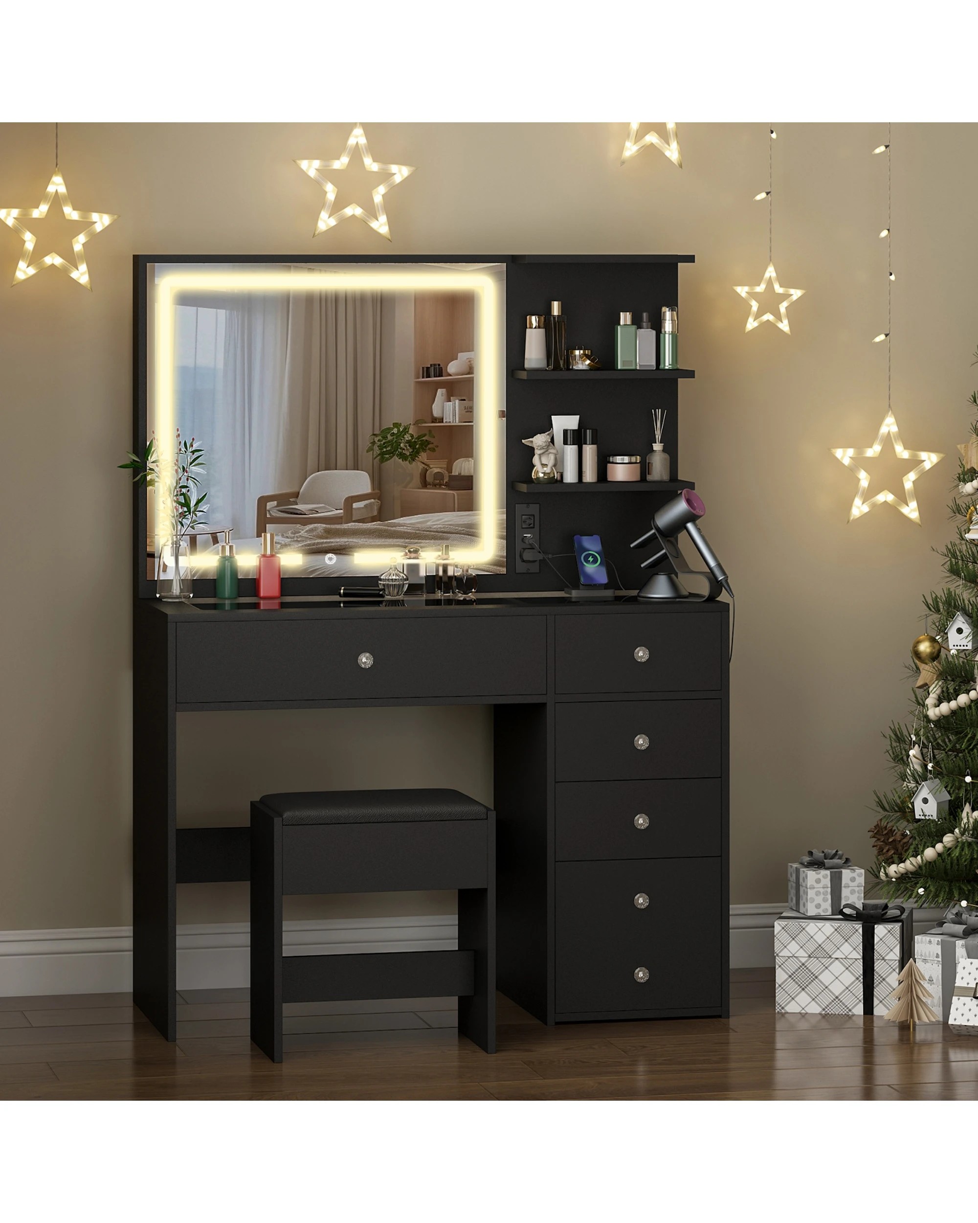 7 Advwin Dressing Table Set LED Light Glass Top - Black, 7 of 8