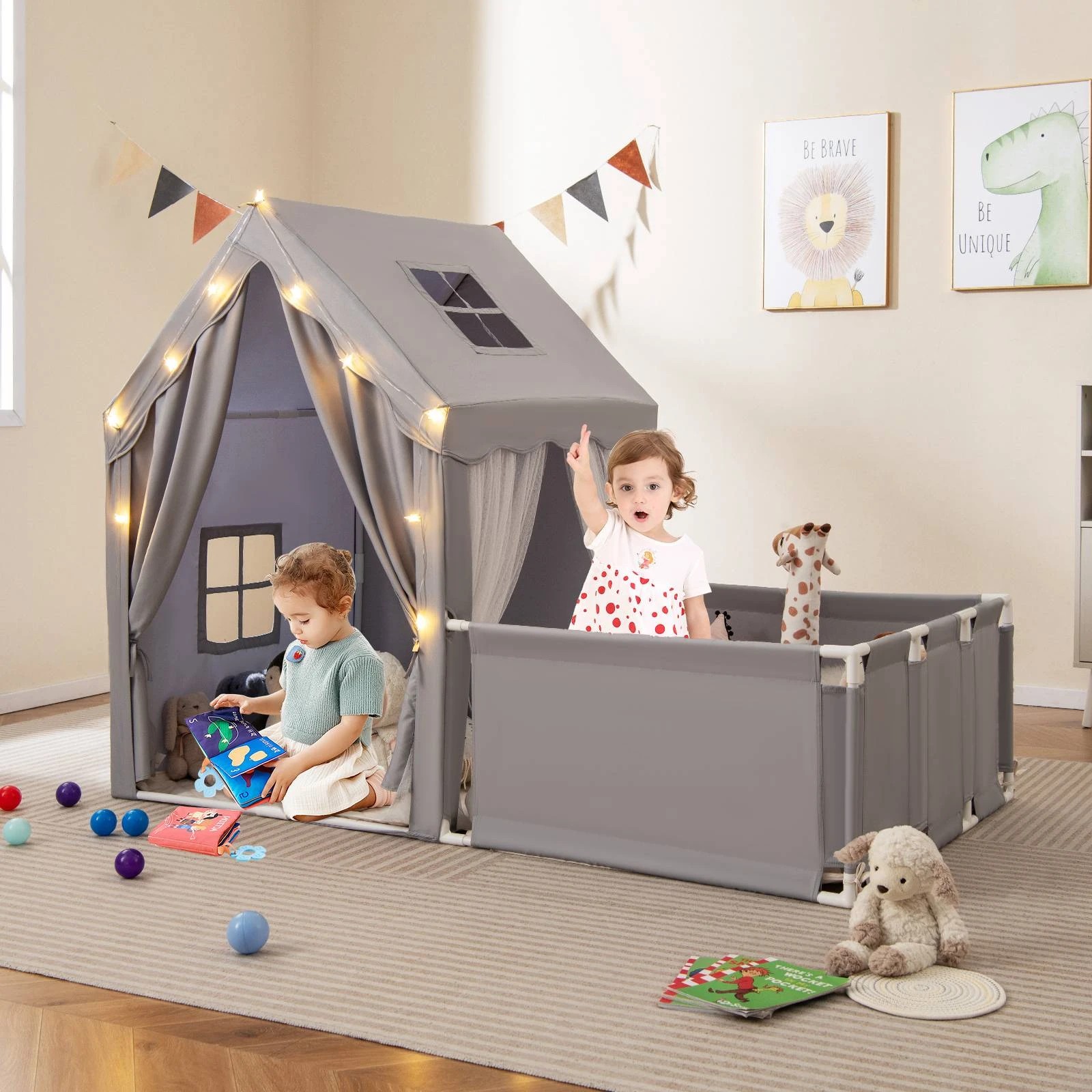 2 Costway Play Tent Mat & Yard Set Playpen w/Door Curtains - Grey, 2 of 2