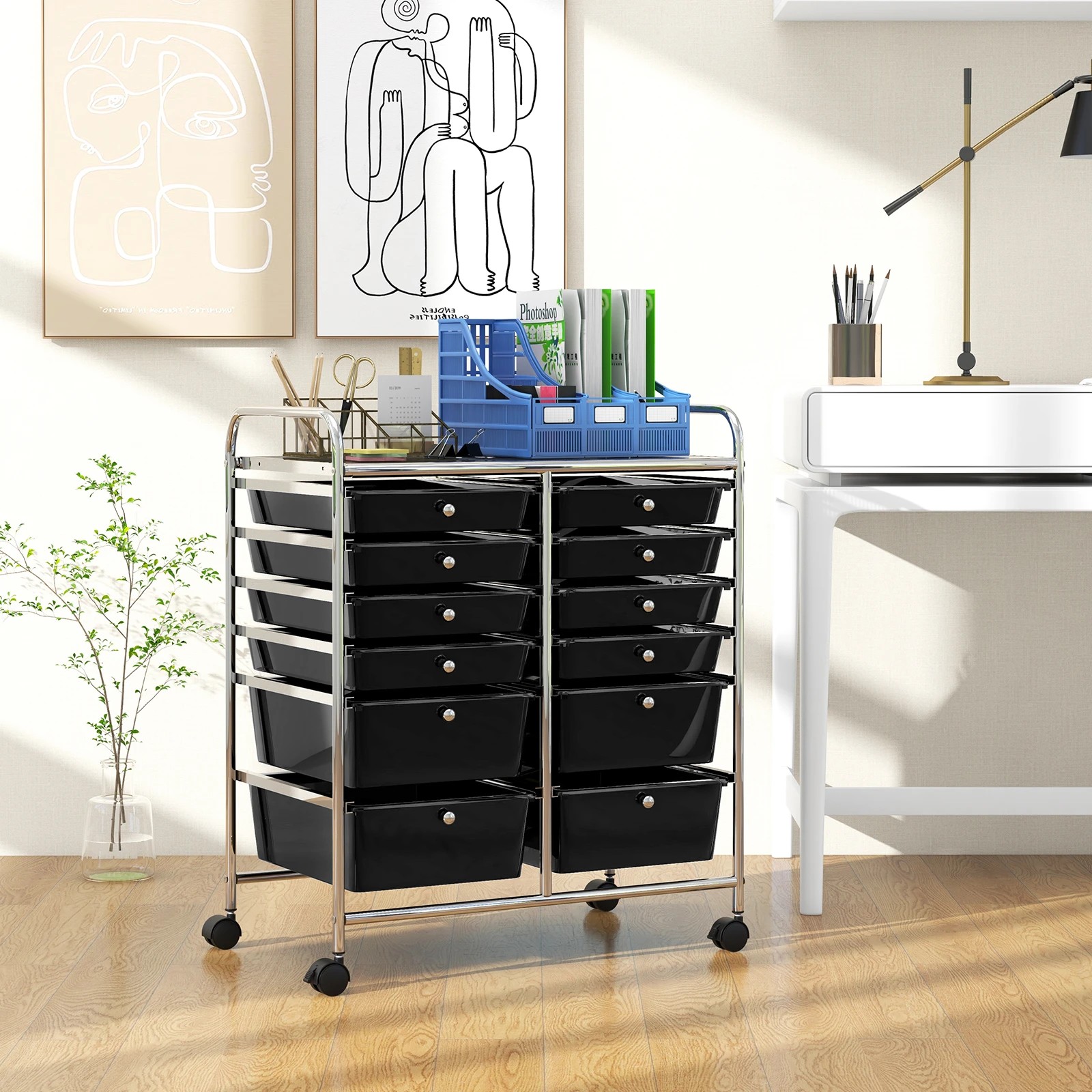 4 Costway 12 Drawers Rolling Storage Trolley Cart Filing Organizer - Multi, 4 of 6