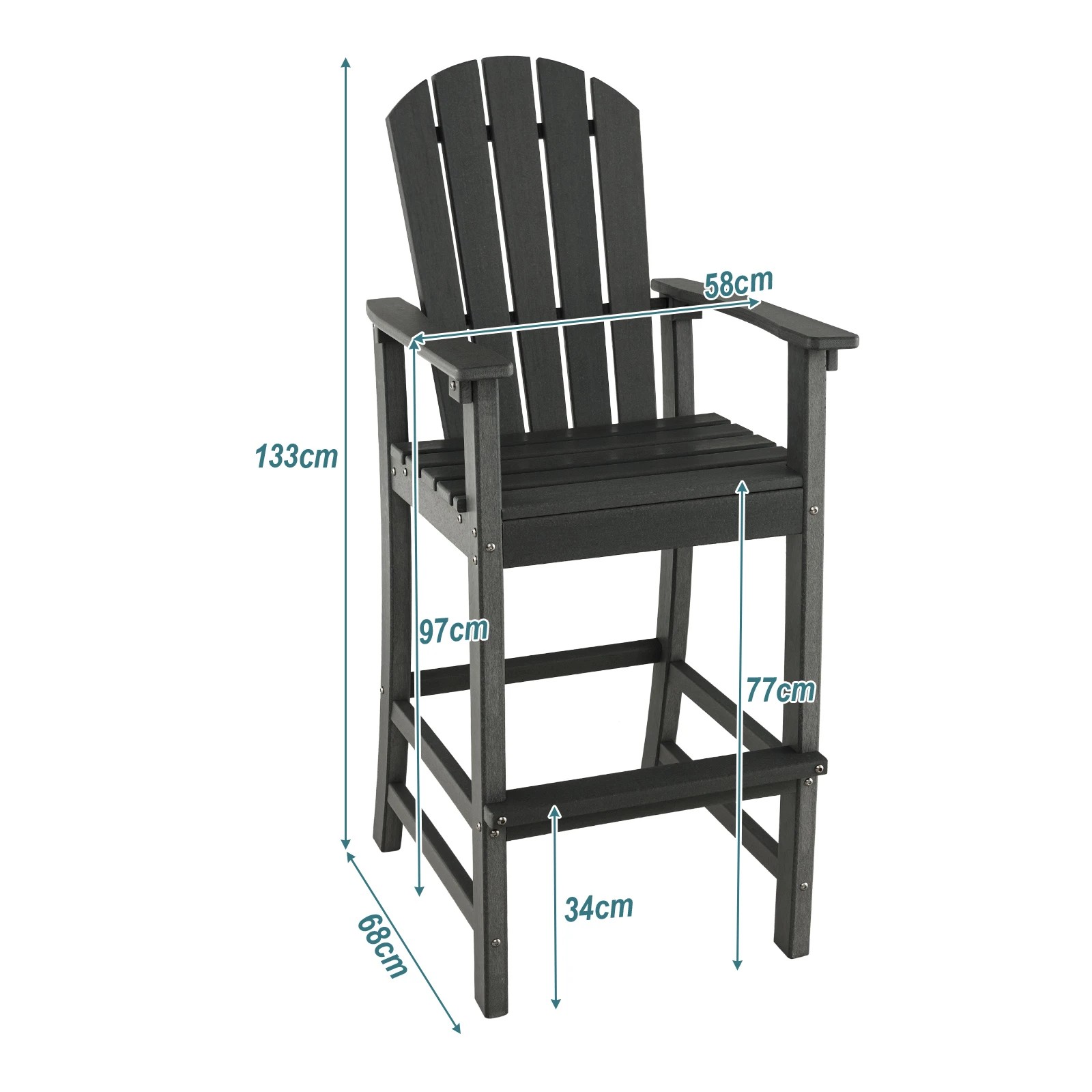 2 Costway 1.33M Tall HDPE Bar Stool Outdoor Adirondack Chair w/Footrest - Black, 2 of 2
