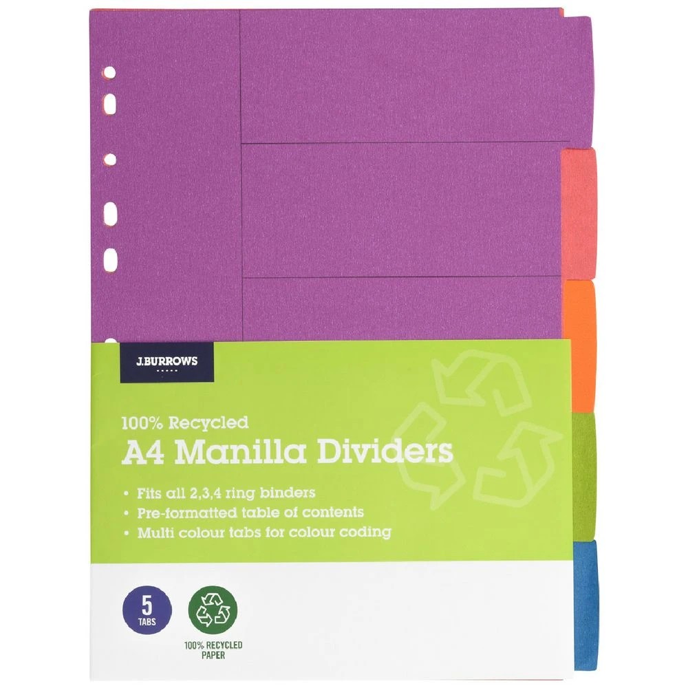 1 J.Burrows Manilla Dividers A4 Summer Colours 5 Tab, 1 of 2
