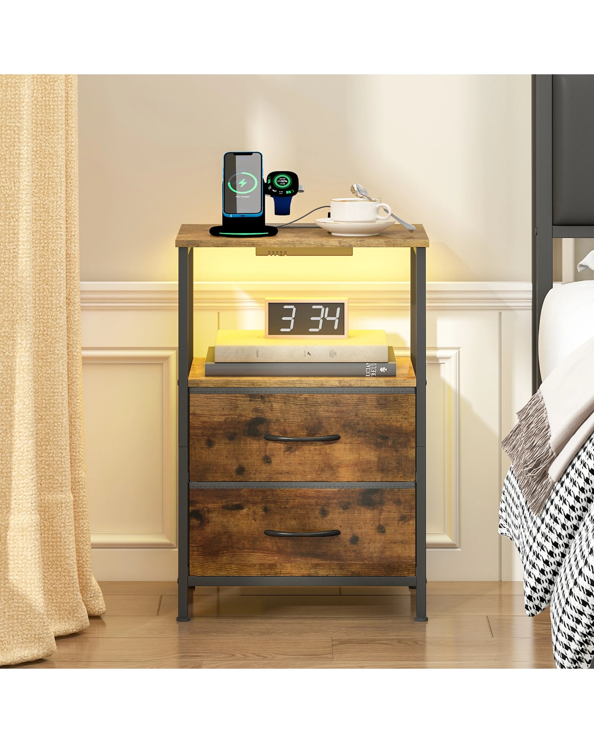 2 Advwin Led Bedside Table With Charging Station 2 Fabric Drawers Nightstand - Brown, 2 of 7