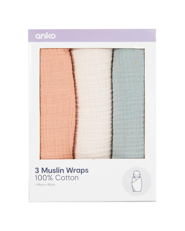 3 Pack Cotton Muslin Wraps - Text