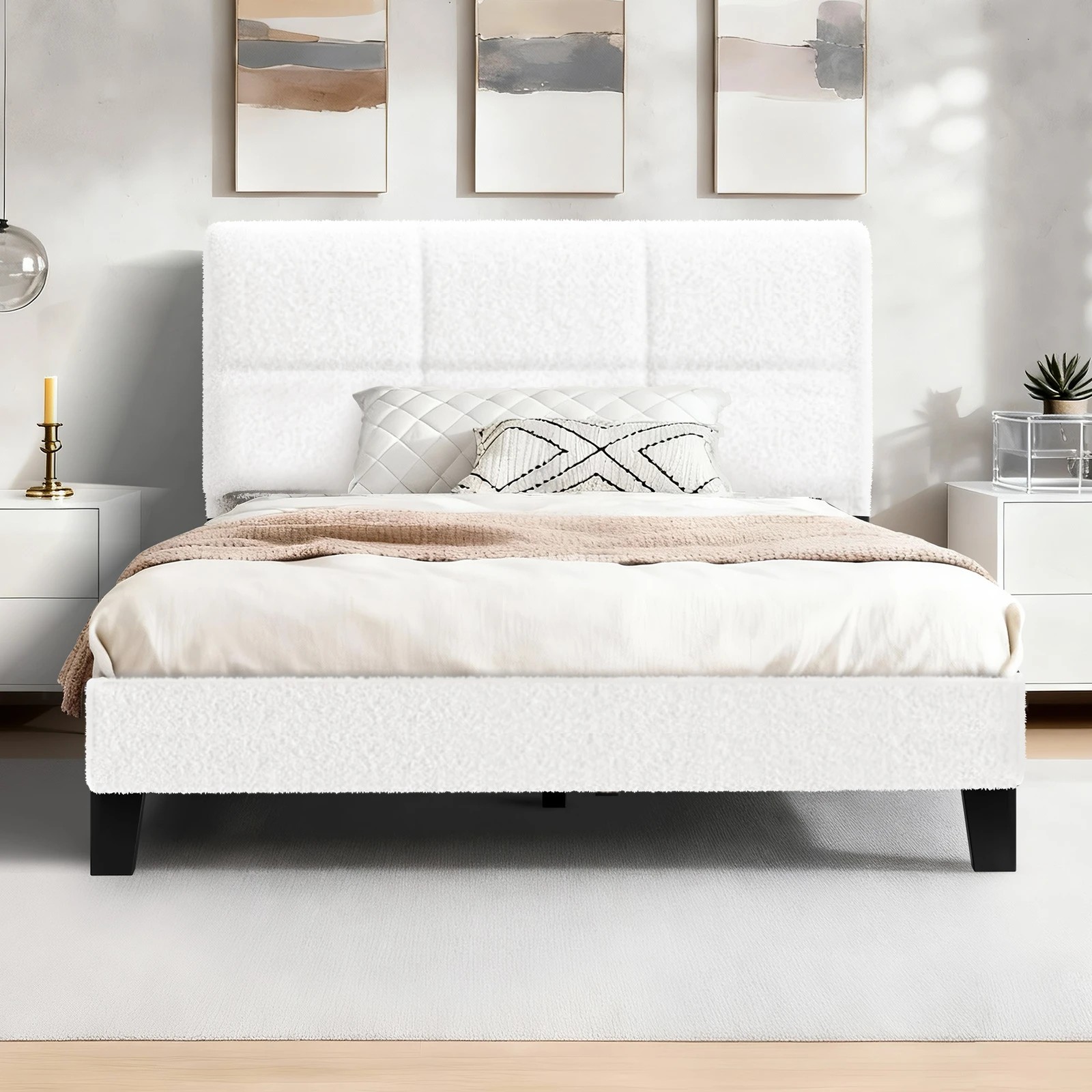 2 Alfordson Bed Frame King Single Wooden Slats Platform Boucle Paula - White, 2 of 9