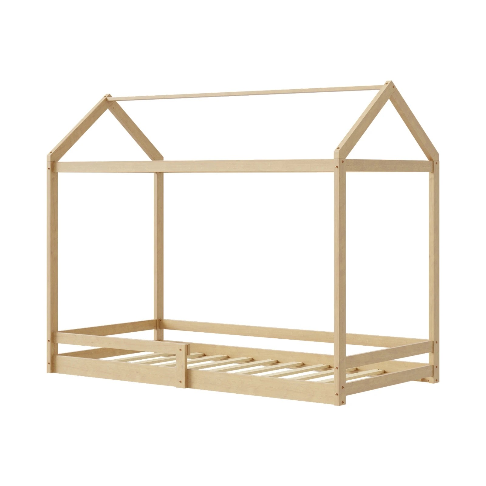 1 Oikiture Kids Wooden Bed Frame House Beds Base Timber With Fence Single
 - Natural, 1 of 10